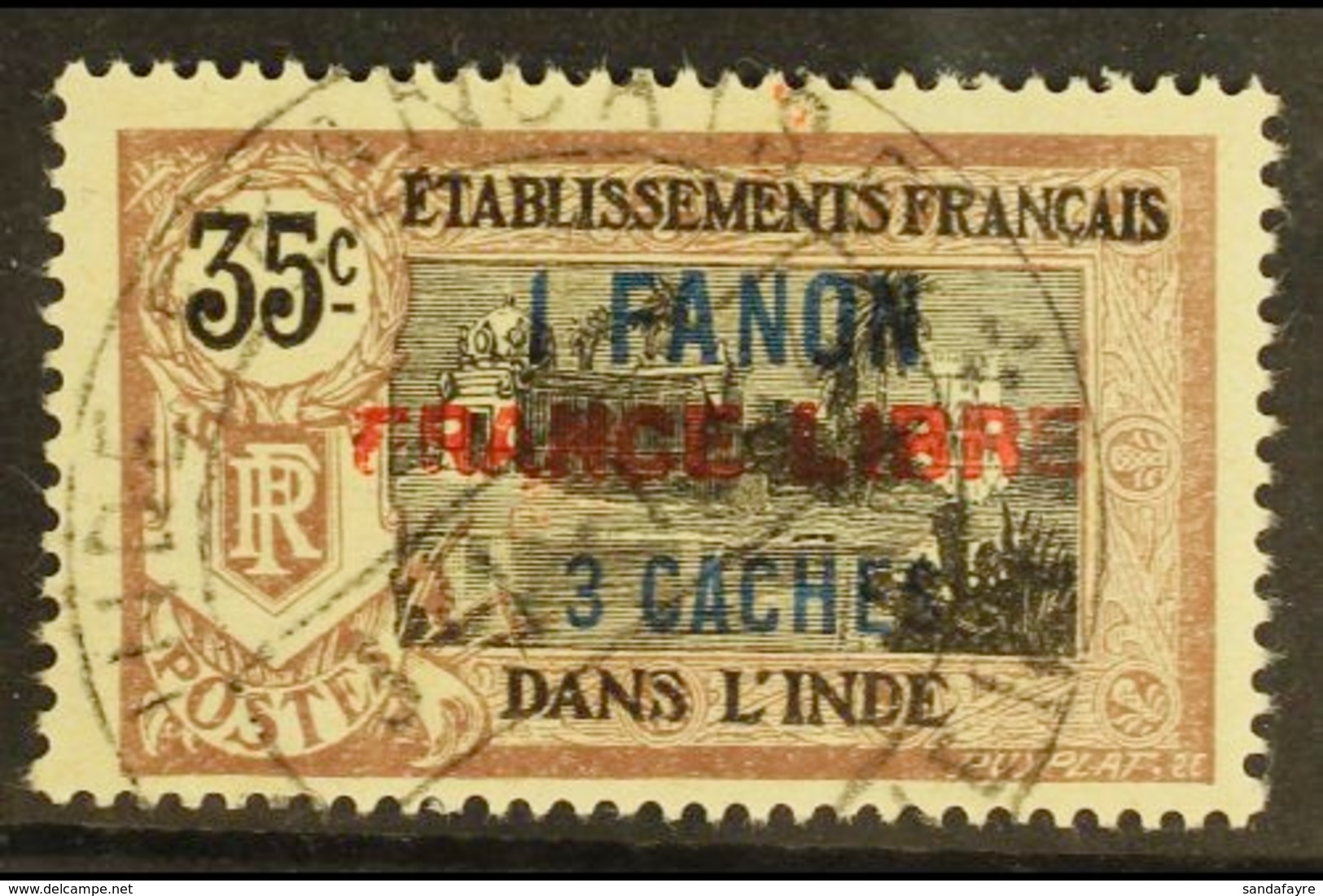 FRENCH INDIA 1941 1Fa 3ca On 35c Brown And Black, Variety "horizontal Surcharge", Yv 130a, Very Fine Used. For More Imag - Other & Unclassified