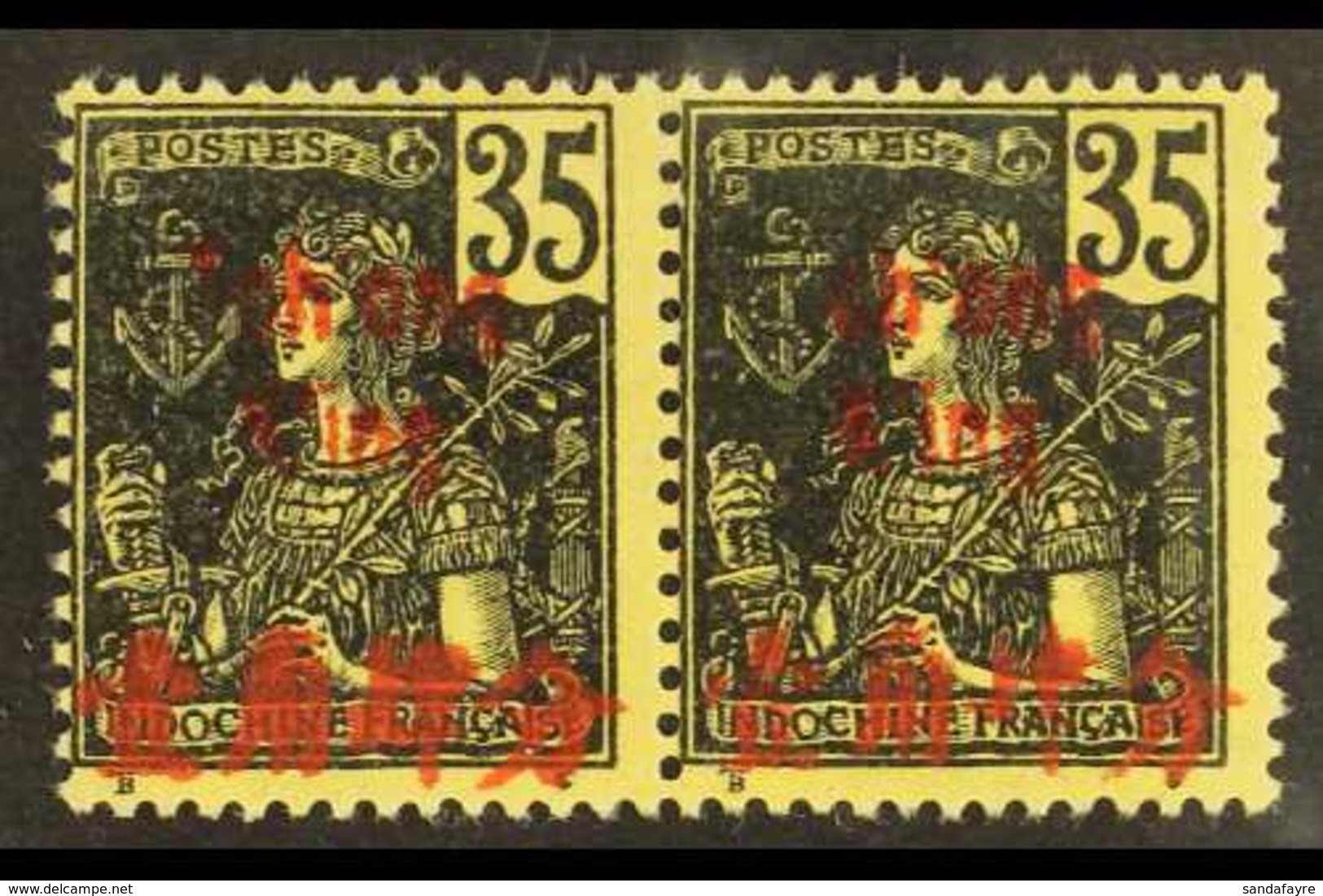 INDO-CHINA - CHUNGKING 1906 35c Black On Yellow, Pair With "T" Omitted From "Tch'ong King" Overprint, Yv 57, Maury 57a,  - Otros & Sin Clasificación