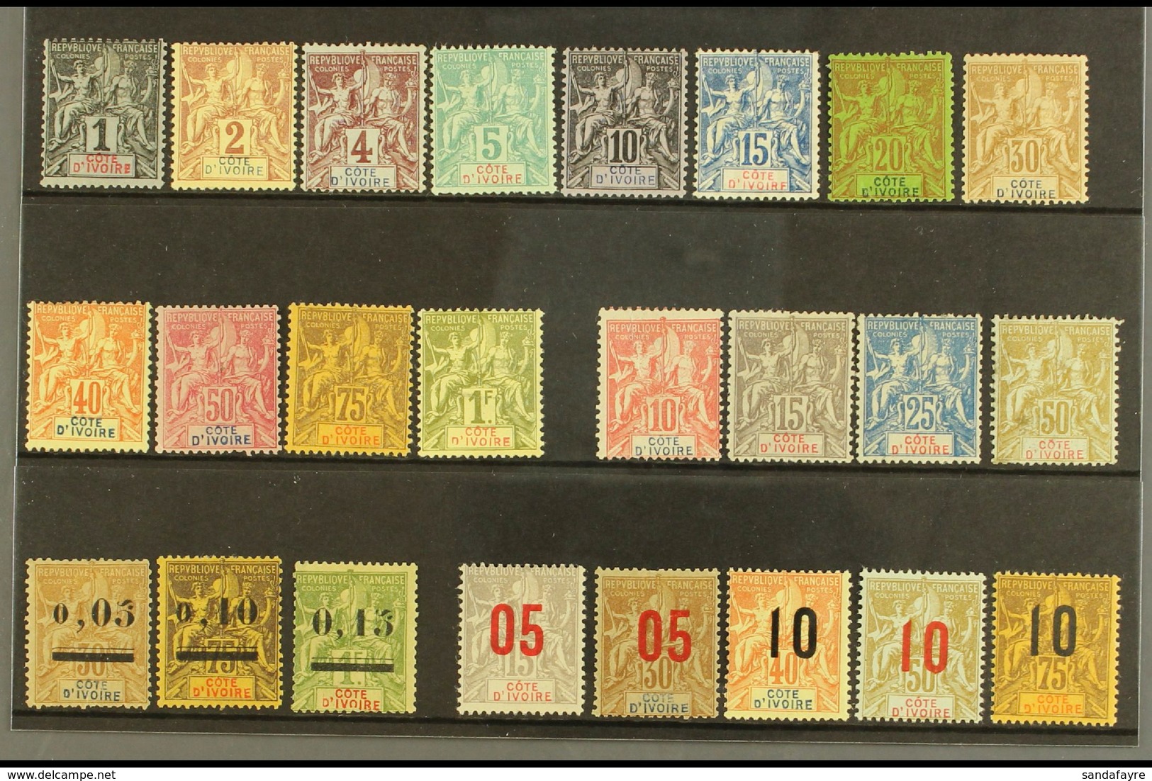 IVORY COAST 1892-1912 MINT "TABLET" TYPE COLLECTION On A Stock Card. Includes 1892 Set (less 25c), 1900 Set, 1904 Surcha - Autres & Non Classés