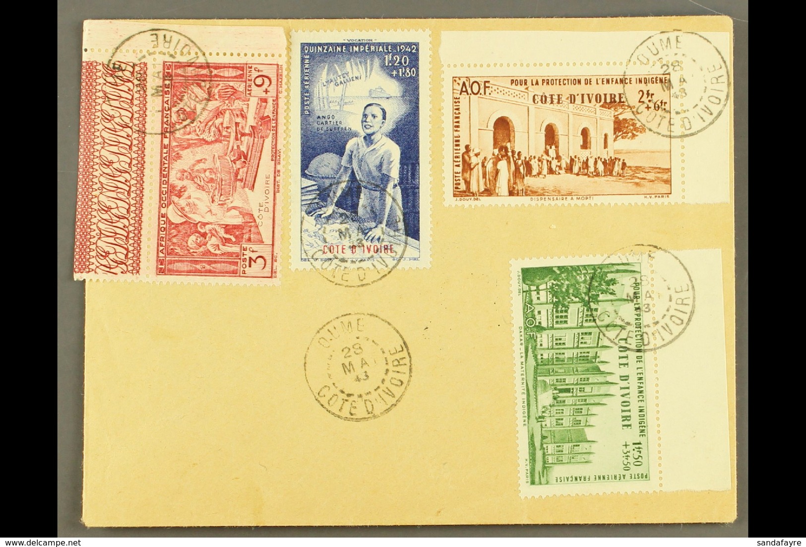 IVORY COAST 1943 (28 May) Unaddressed Cover Bearing 1942 Air "Protection De L'enfance" & "Quinz Imperiale" Set (Yvert 6/ - Andere & Zonder Classificatie