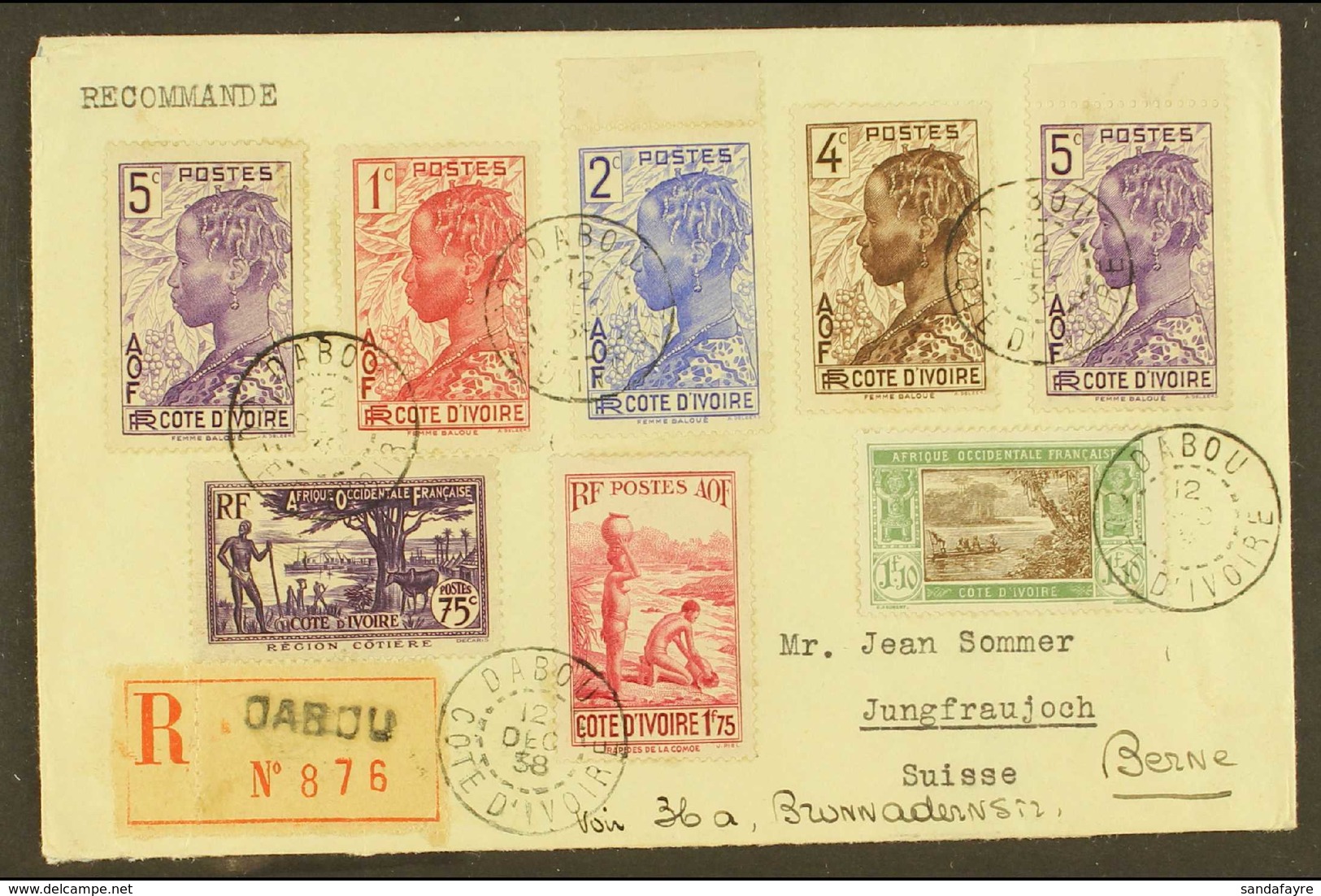 IVORY COAST 1938 (12 Dec) Registered Cover To Switzerland Bearing Range Of Definitives Including 1928 1f10 (Maury 82) Ti - Other & Unclassified