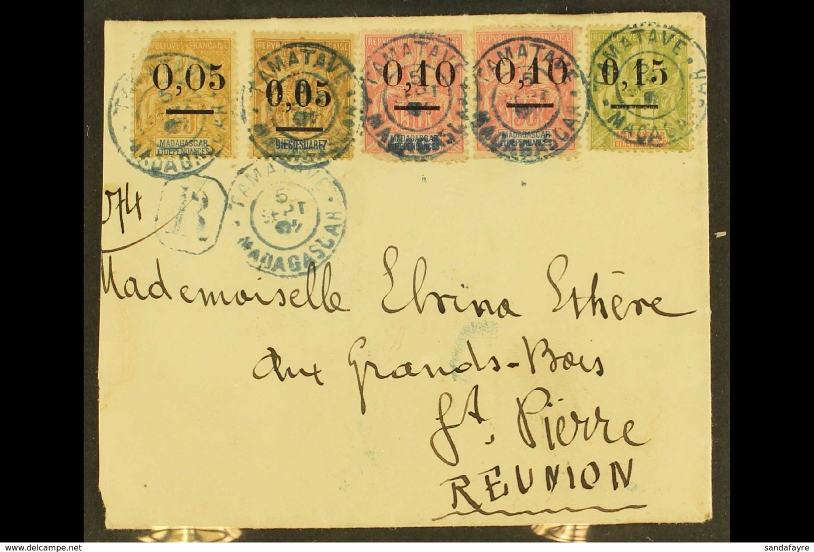 MADAGASCAR 1902 (5 Sept) Regiistered Cover To Reunion Bearing Range Of Five Surcharges To 0.15 On 1f (Yvert 55, SG 33) I - Sonstige & Ohne Zuordnung
