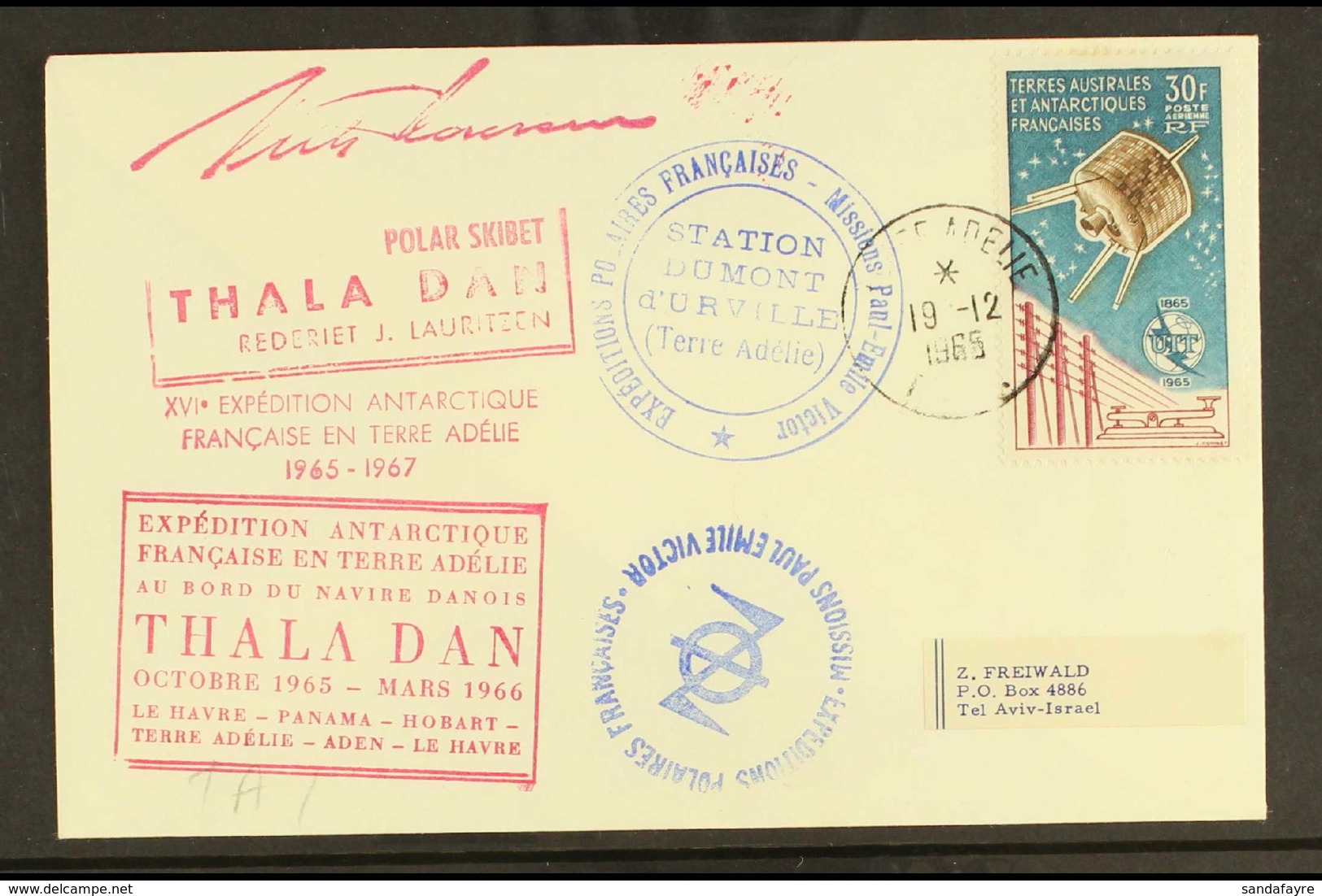 TAAF 1965 (19 Dec) Envelope To Israel Bearing UIT 30f Air Stamp (Maury 9) Tied Neat Terre Adelie Cds, Thala Dan Ship And - Andere & Zonder Classificatie