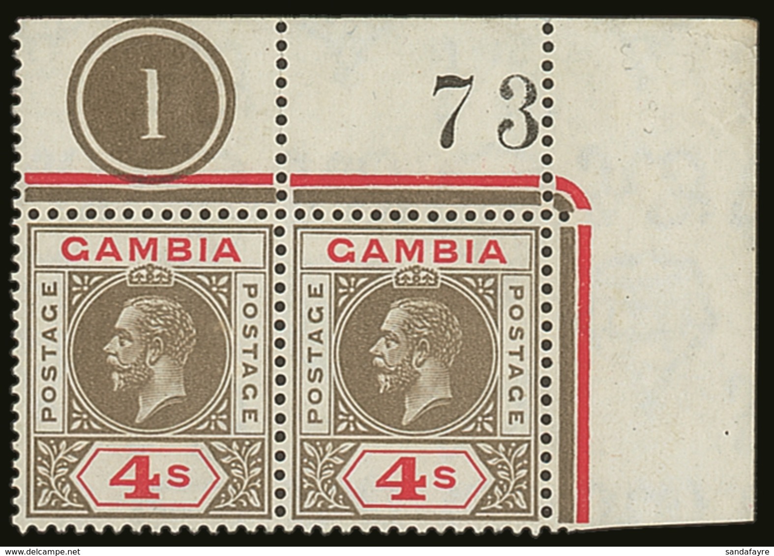 1922 4s Black And Red With WATERMARK INVERTED (SG 117w) A Spectacular Pair From The Upper- Right Corner Showing Plate Nu - Gambia (...-1964)
