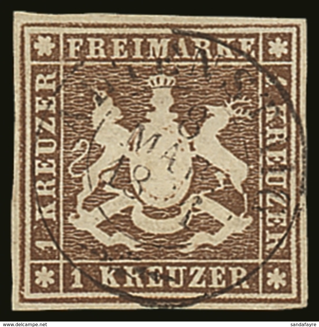 WURTTEMBERG 1859 1kr Deep Brown Imperf, Without Thread, Mi 11b, Superb Cds Used With Full Central Cancel. Cat €900 (£760 - Autres & Non Classés