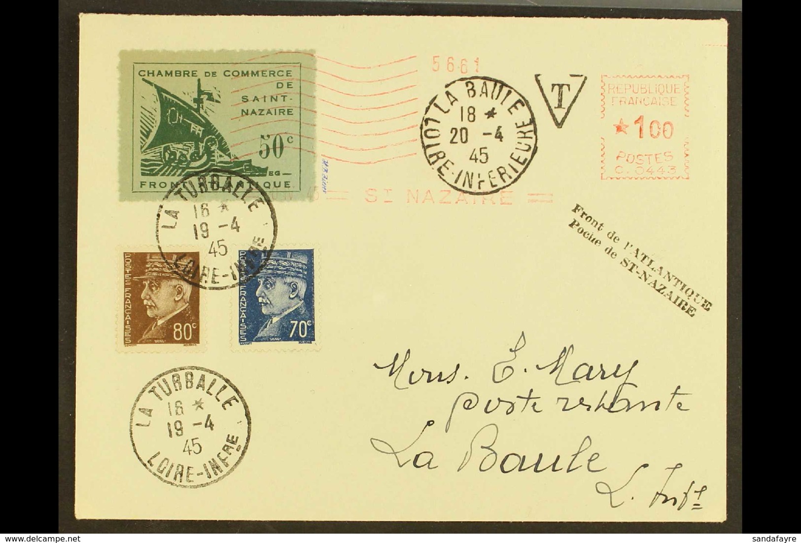 SAINT NAZAIRE 1945 (19 Apr) Cover Addressed To La Baule, Bearing St Nazaire 50c Green On Green Local Stamp (Michel 1), P - Sonstige & Ohne Zuordnung