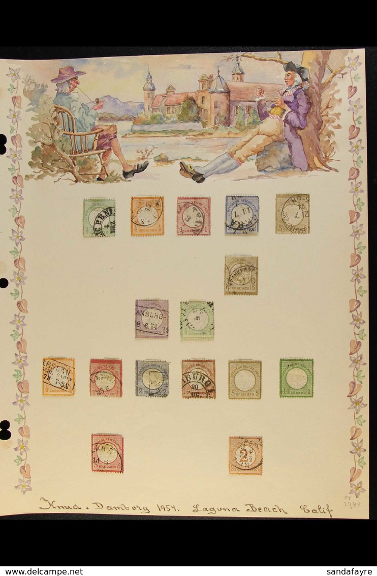 1872-1945 COLLECTION ON BEAUTIFULLY HAND-PAINTED PAGES. All Different Mint & Used Stamps On Hand-painted Pages, Each Wit - Other & Unclassified