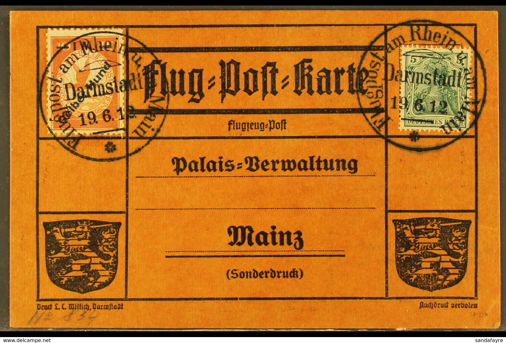 1912 "Gelber Hund" Flight Card From Darmstadt To Mainz, Franked Germania 5pf Plus 1Mk On 10pf Gelber Hund Stamp, Mi O6,  - Andere & Zonder Classificatie