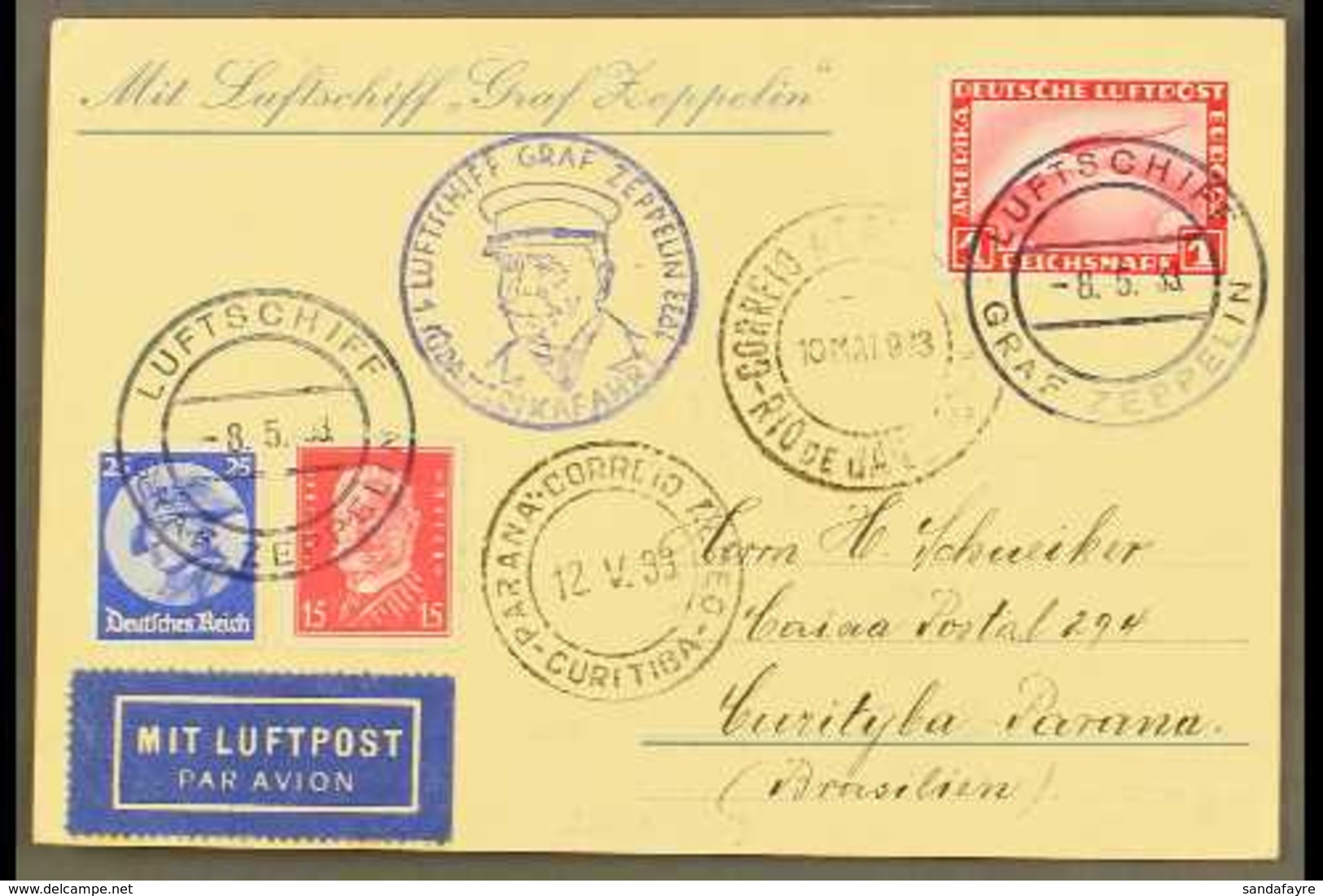 1933 1st South America Flight - Zeppelin Stationery Card To Brazil Franked 3 German Stamps Incl 1Rm Zeppelin Tied By Luf - Other & Unclassified