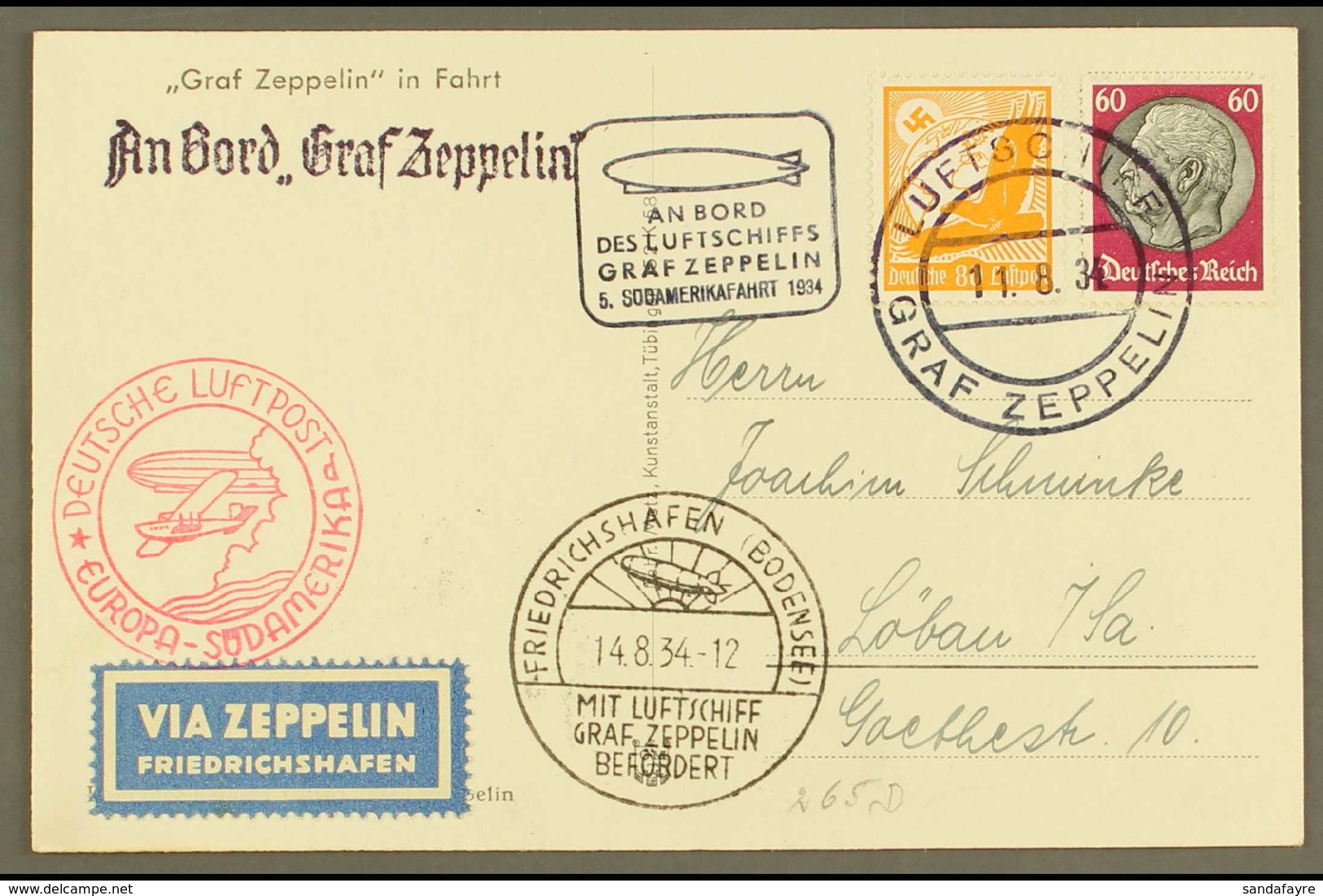 1934 5th South America Flight - Superb Zeppelin Ppc Franked 60pf Hindenburg And 80pf Air Tied By Graf Zeppelin 11.8.34 C - Autres & Non Classés