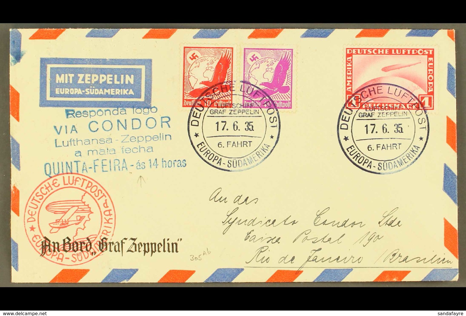 1935 6th Zeppelin South America Flight, "On Board" Air Cover To Rio Franked 10pf & 40pf Airs Plus Zeppelin 1Rm Tied By E - Other & Unclassified