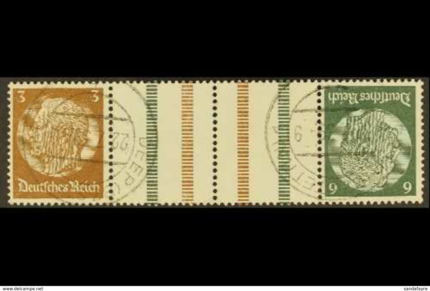 1937-39 3pf+labels+6pf Hindenburg Horizontal SE-TENANT TETE-BECHE STRIP With 9mm Between Brown Bars, Michel KZ 27.2, Ver - Other & Unclassified