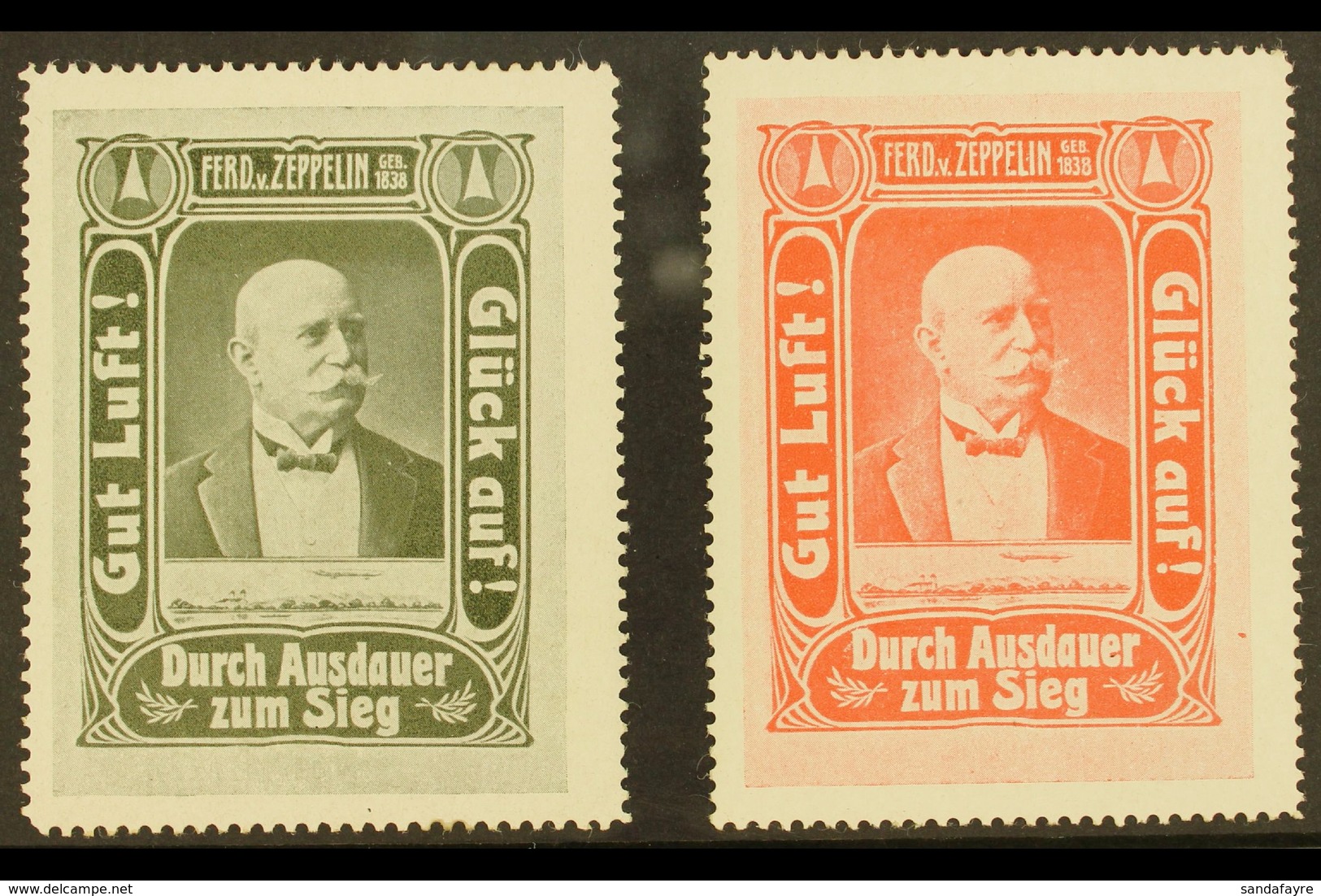 RARE ZEPPELIN LABELS. Circa 1908 Two Different Labels Depicting Ferdinand Von Zeppelin Above An Image Of An Airship, Ins - Andere & Zonder Classificatie