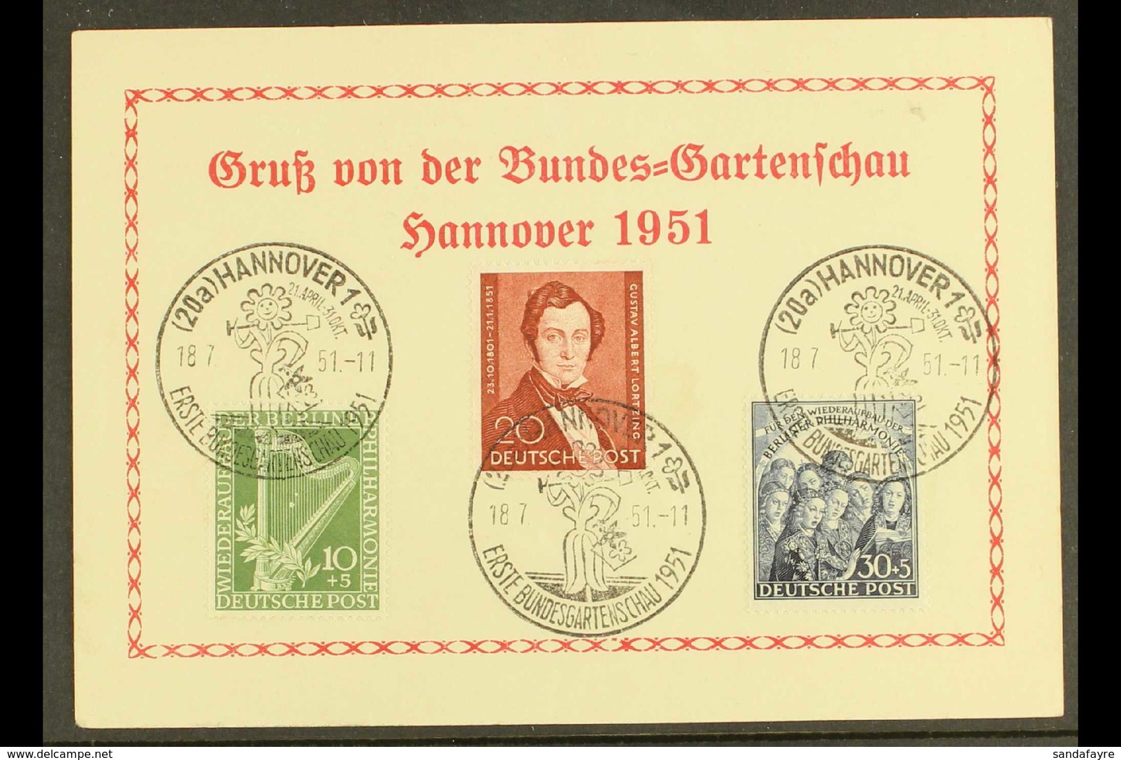 HANOVER 1951 Hanover Garden Show Special Card Bearing The 1950 Philharmonic Set & 1951 20pf Lortzing Stamp (Michel 72-74 - Autres & Non Classés