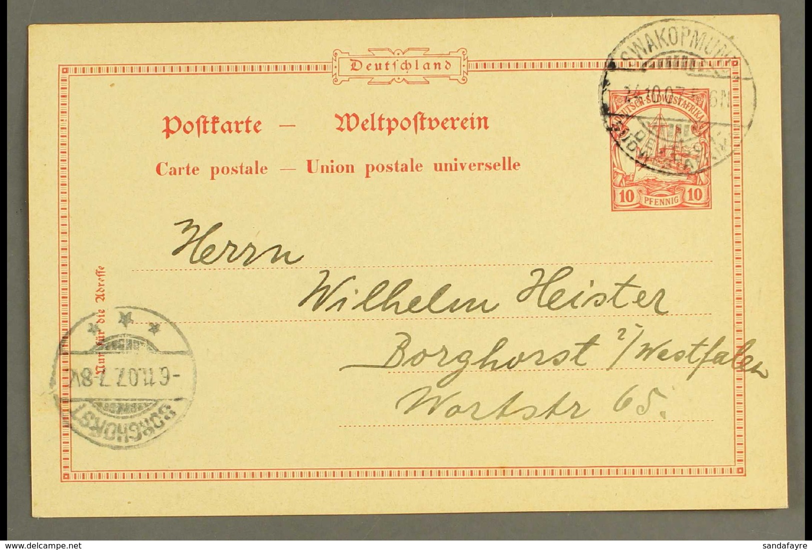 SOUTH WEST AFRICA 1907 (24 Oct) 10pf Postal Card To Germany Showing Very Fine "SWAKOPMUND" Cds Cancel (with "Broken Brid - Andere & Zonder Classificatie