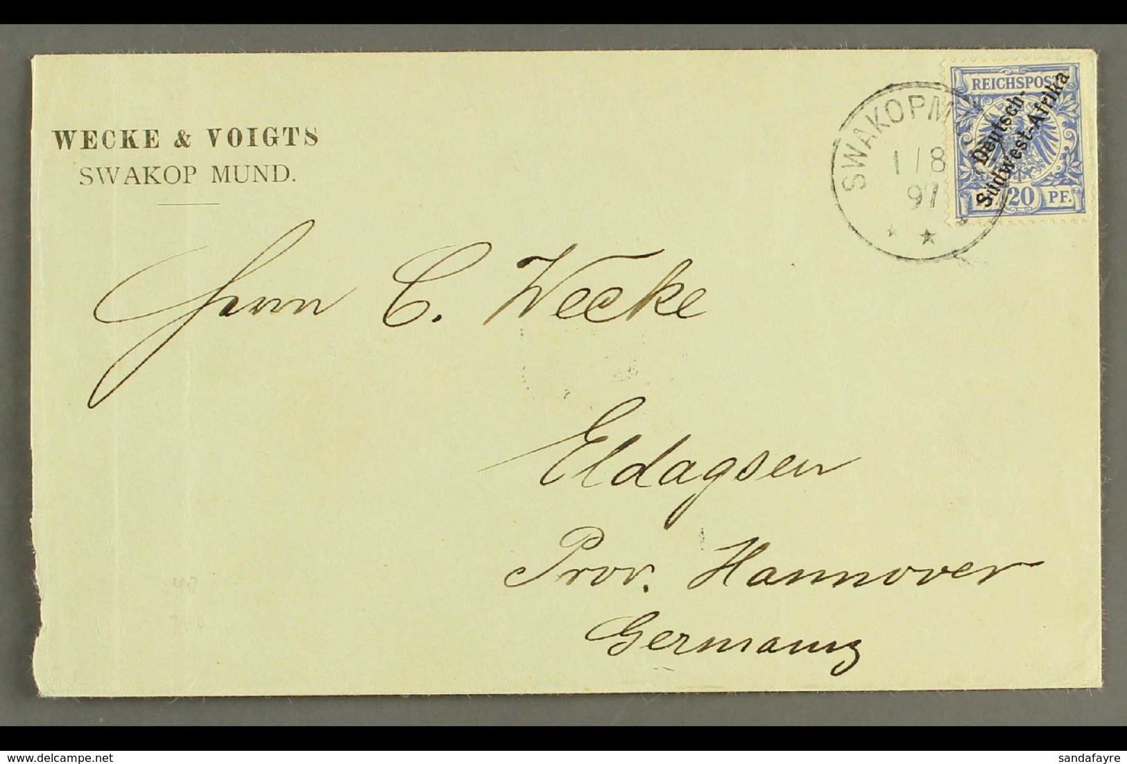 SOUTH WEST AFRICA 1897 (1 Aug) Neat Prtd Cover To Germany Bearing 20pf With Diagonal Opt (Michel 4) Tied By Fine "SWAKOP - Andere & Zonder Classificatie