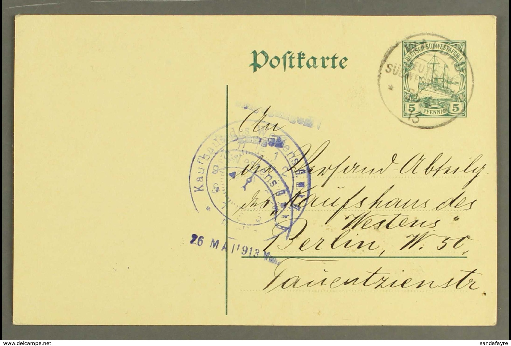 SOUTH WEST AFRICA 1913 (25 Apr) 5pf Postal Stationery Card To Germany With Fine "WALDAU" Cds Cancel, Berlin "clock Face" - Sonstige & Ohne Zuordnung