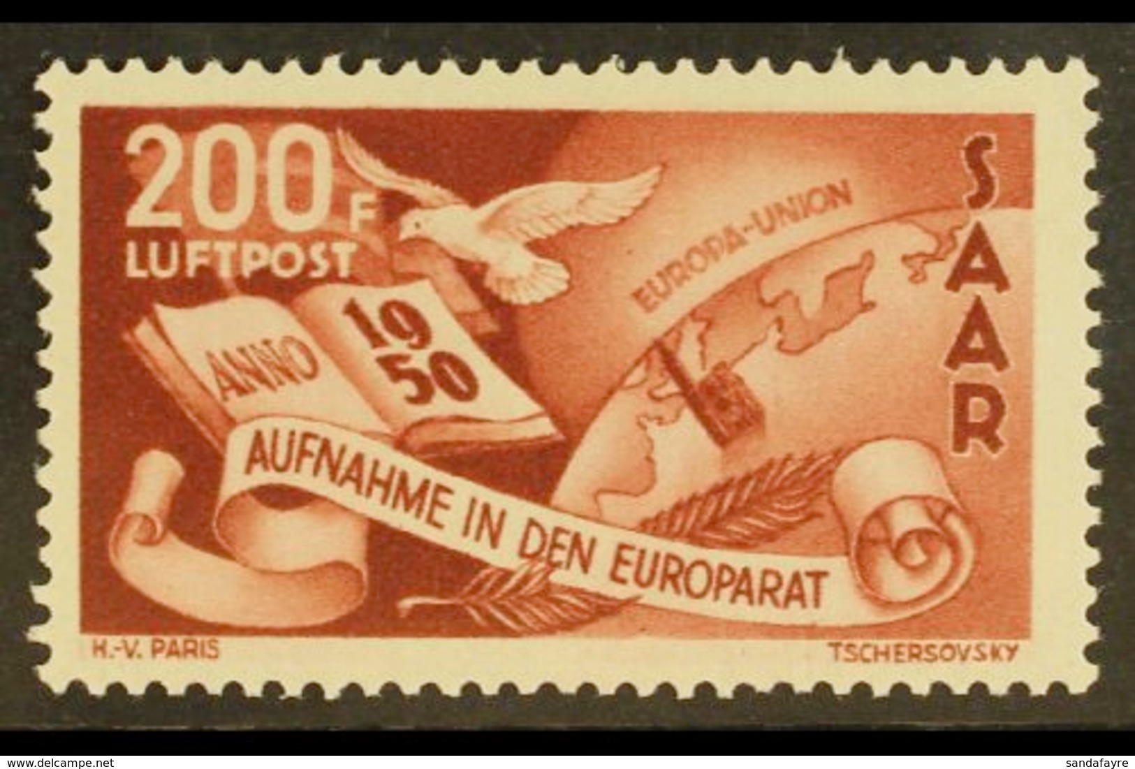 1950 200f Brown Lake Air Council Of Europe (Michel 298, SG 295), Never Hinged Mint, Very Fresh. For More Images, Please  - Andere & Zonder Classificatie