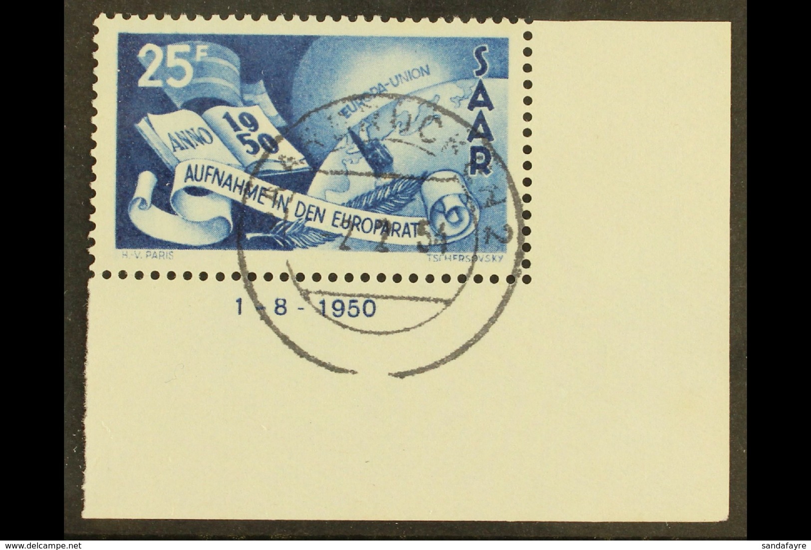 1950 25f Blue Council Of Europe Lower Right Corner Example With '1.8. 1950' Date, Michel 297 Br, Very Fine Cds Used, Fre - Andere & Zonder Classificatie