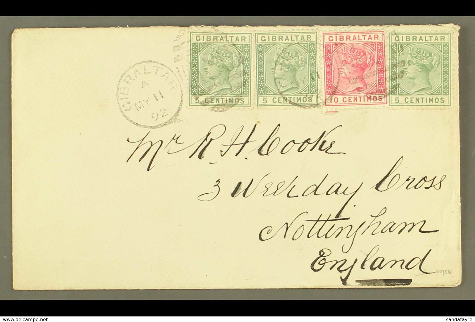 1892 (11 May) Lovely Cover Addressed To England, Bearing 1889-96 5c Green (x3) & 10c Carmine, SG 22/23, Tied By "Gibralt - Gibraltar