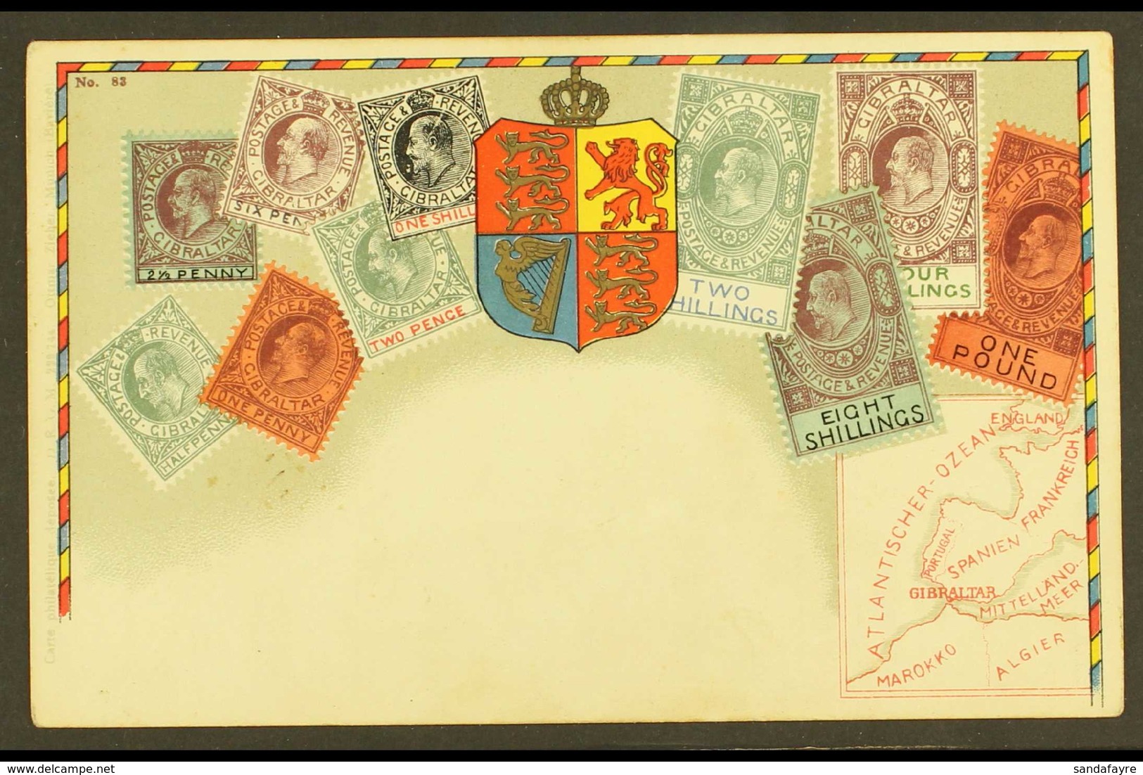 1903 STAMP POSTCARD. A Colourful Unused Picture Post Card Showing Various KEVII Stamps Of Gibraltar With Values To £1 An - Gibraltar