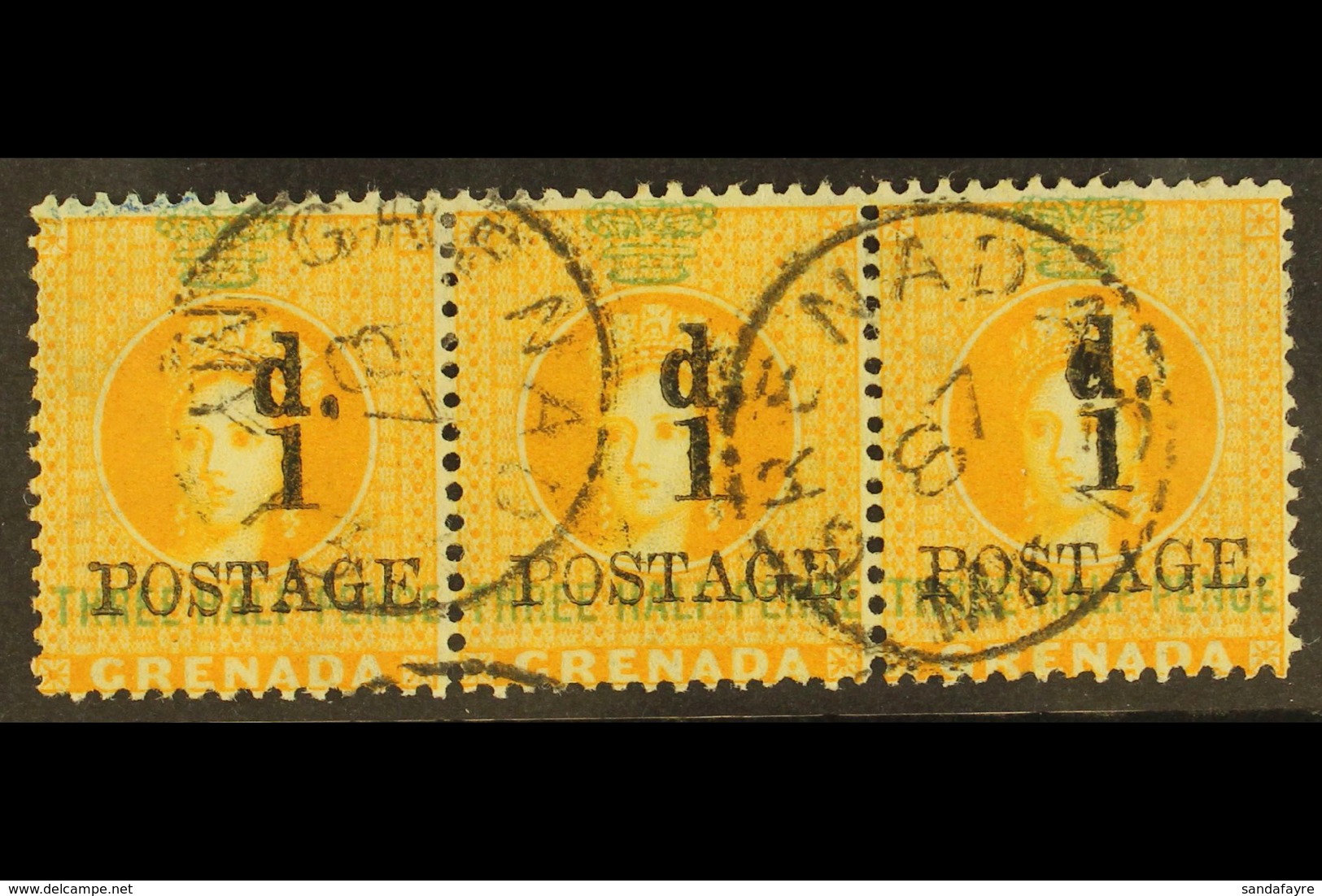 1886 1d On 1½d Orange, SG 37, Superb Used Horizontal Strip Of 3. Ex Danforth Walker. For More Images, Please Visit Http: - Grenada (...-1974)