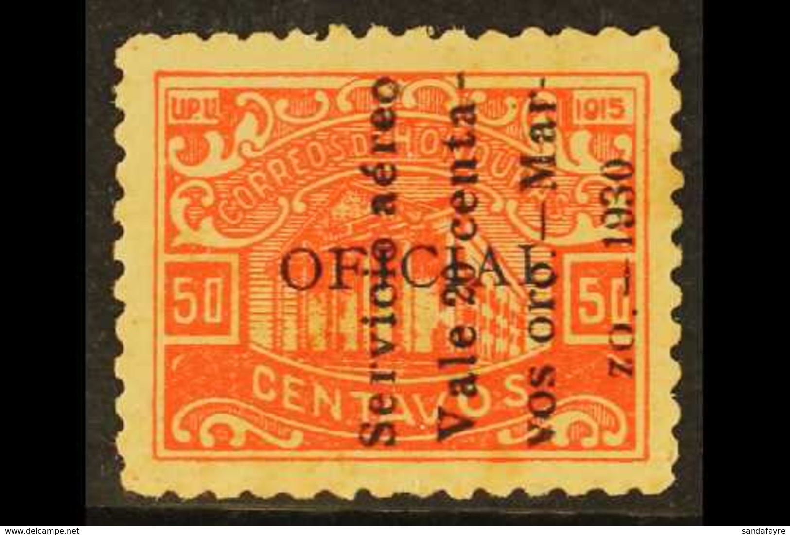 1930 AIR 20c On 50c Vermilion Official Stamp With 4- Line "zo. - 1930" Overprint Reading Upwards, SG 296 (Sanabria 43),  - Honduras