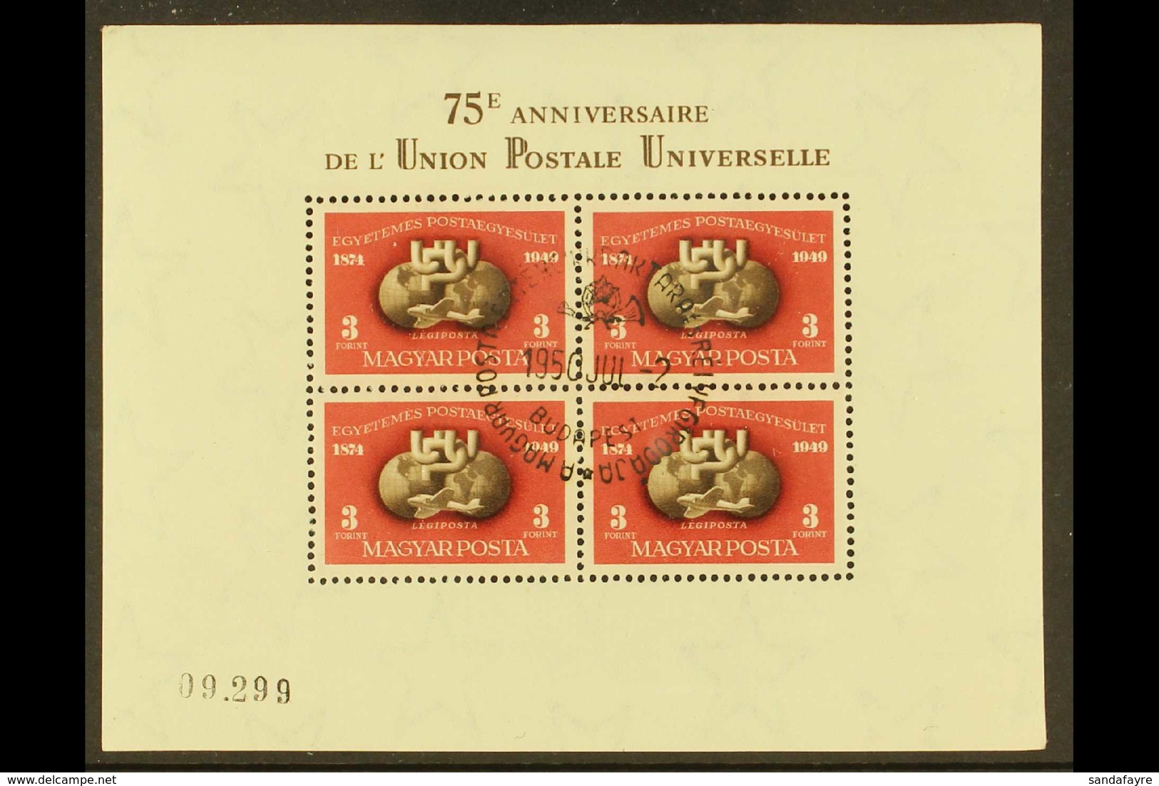 1949-50 Universal Postal Union Perf Mini-sheet (Michel Block 18 A, SG MS1072), Very Fine Used With Special First Day Of  - Autres & Non Classés