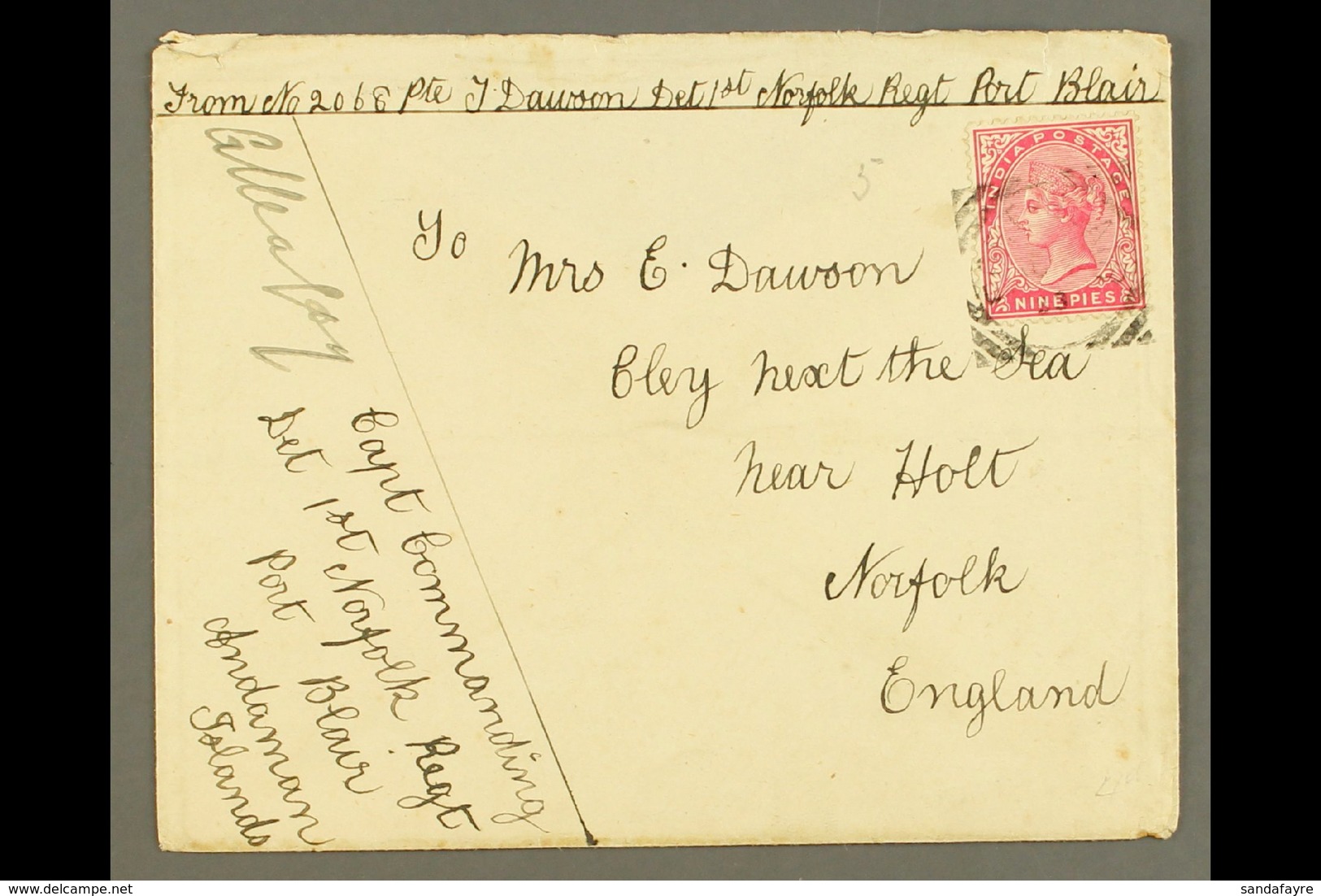 1893 ANDAMAN ISLANDS MILITARY MAIL. 1893 (Aug) Envelope (flap Partially Missing) To Norfolk, England, Bearing India 9p R - Andere & Zonder Classificatie