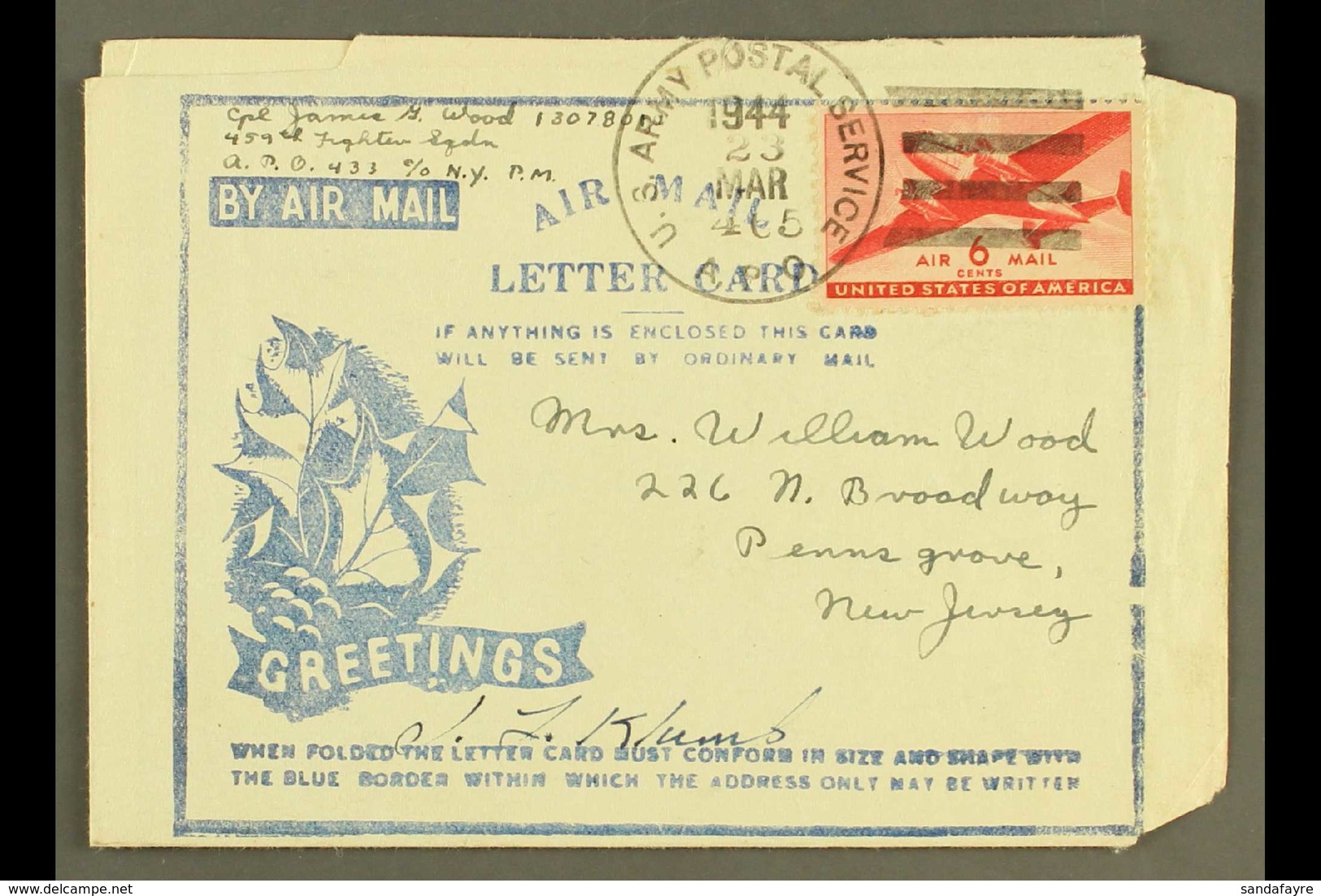 1942 BRITISH MILITARY FORCES CHRISTMAS AEROGRAMME (Kessler 181) Greetings & Laurel, Used March 1944, Bearing USA Air 6c  - Sonstige & Ohne Zuordnung