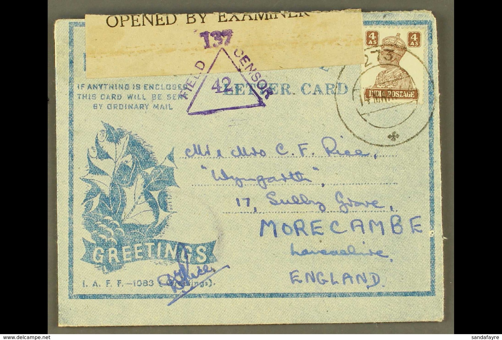 1942 BRITISH MILITARY FORCES CHRISTMAS AEROGRAMME (Kessler 181) Greetings & Laurel, Used March 1944 From R.A. Depot, Ind - Andere & Zonder Classificatie