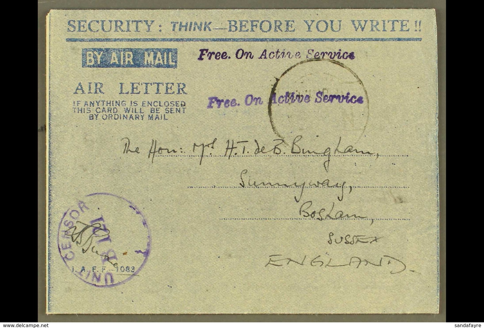 1946 BRITISH MILITARY FORCES AEROGRAMME - BURMA "Security: Think - Before You Write !" (as Kessler 197, But Imprint "N.P - Autres & Non Classés