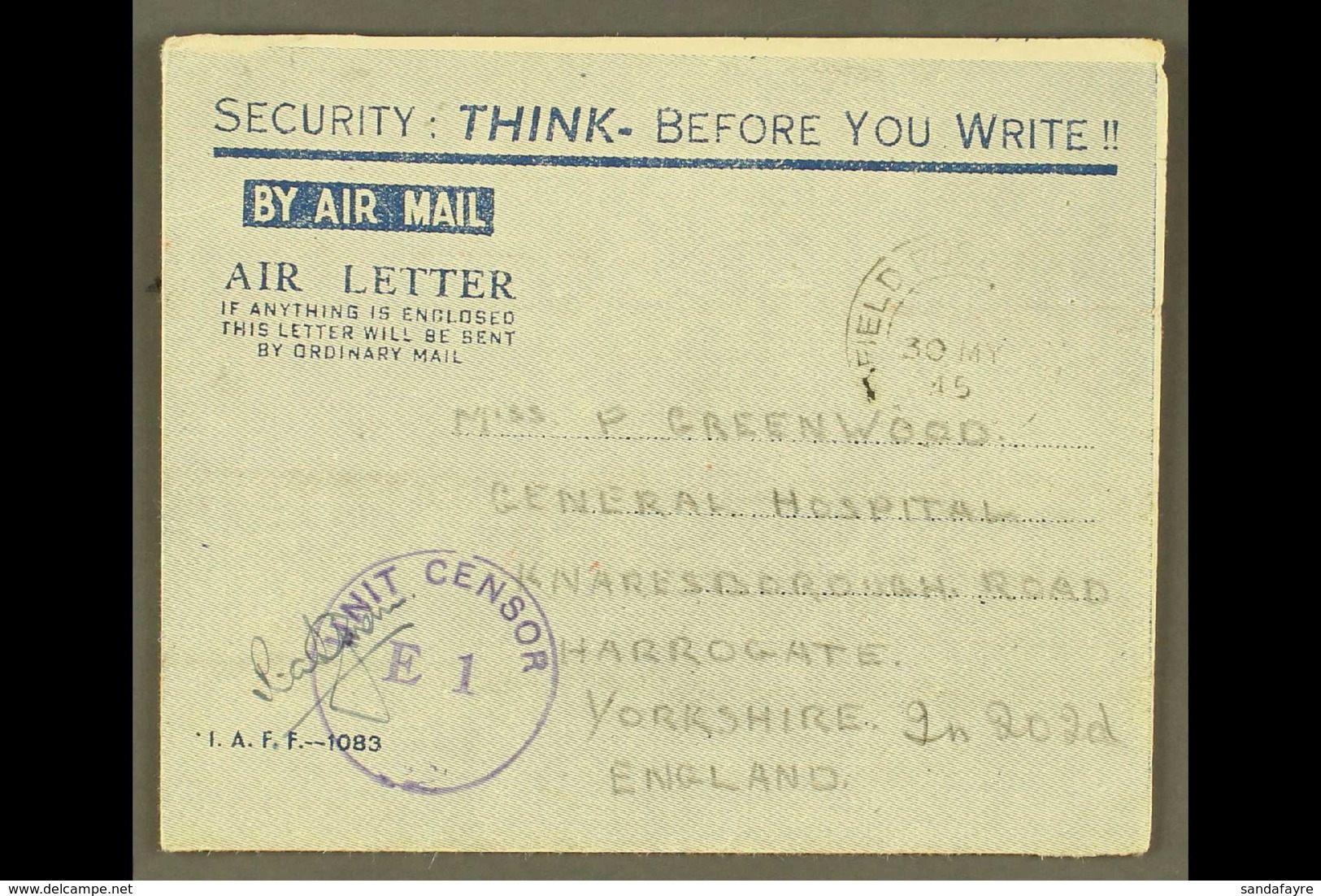 1946 BRITISH MILITARY FORCES AEROGRAMME (Kessler 199, Without Franking Imprint At Upper Right) "Security: Think - Before - Andere & Zonder Classificatie