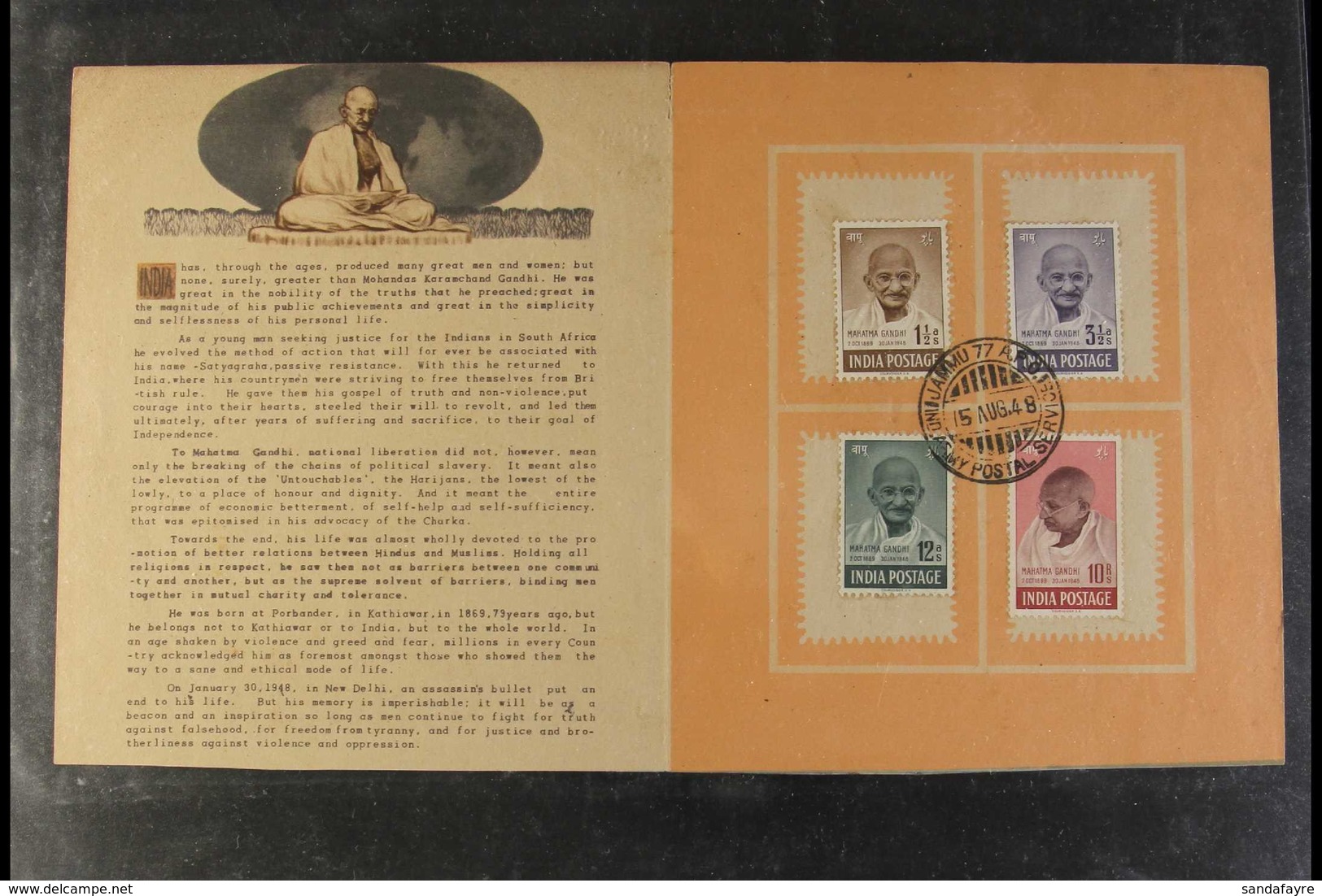 1948 (15 Aug) Gandhi Set Complete (SG 305/8) Tied To Official Special Illustrated Memorial Folder By "Jammu 77 A.P.O. /  - Sonstige & Ohne Zuordnung