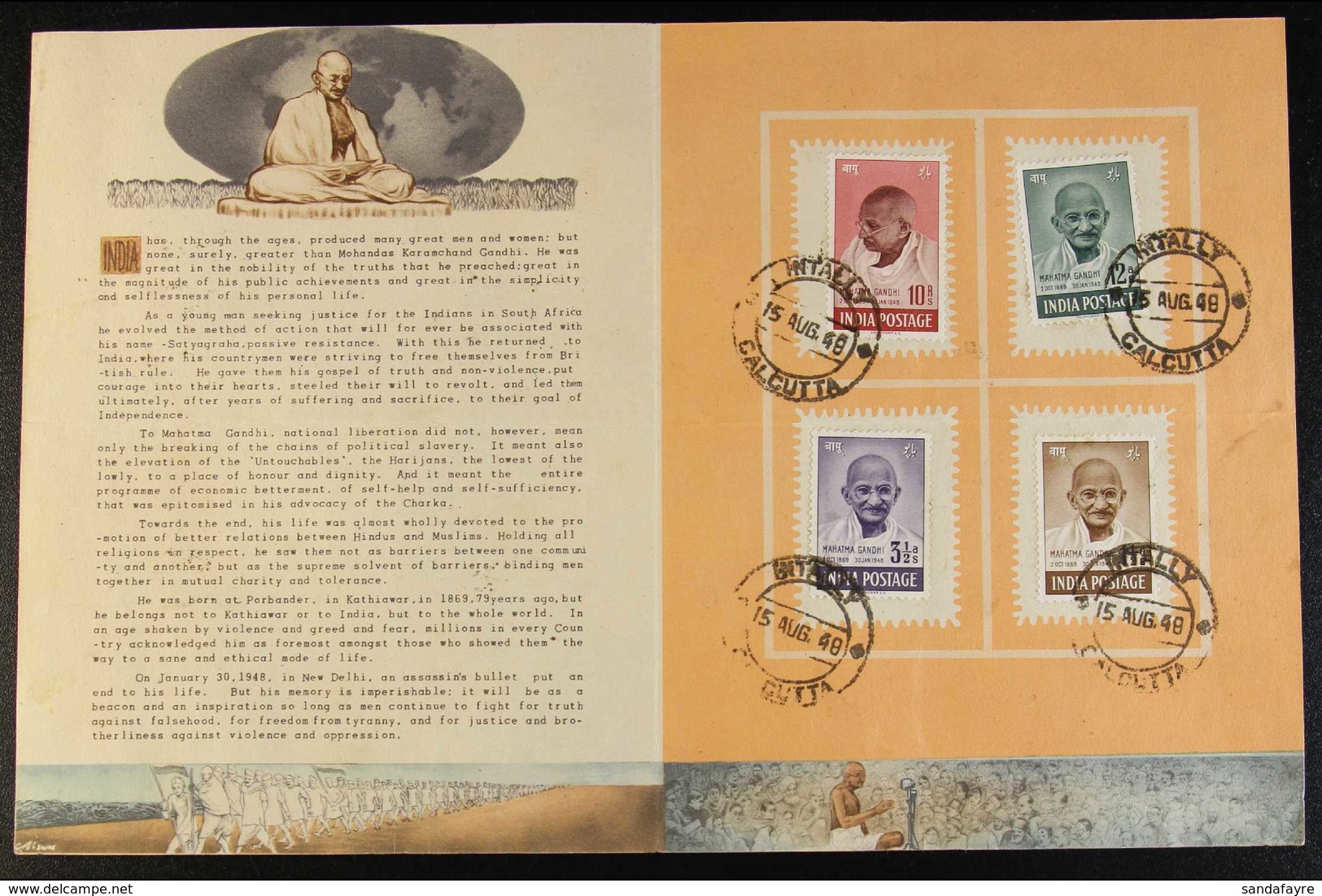 1948 GANDHI MEMORIAL FOLDER Containing The Complete Set (SG 305/08) Tied By "INTALLY / 15 AUG 48 / CALCUTTA" (first Day) - Andere & Zonder Classificatie