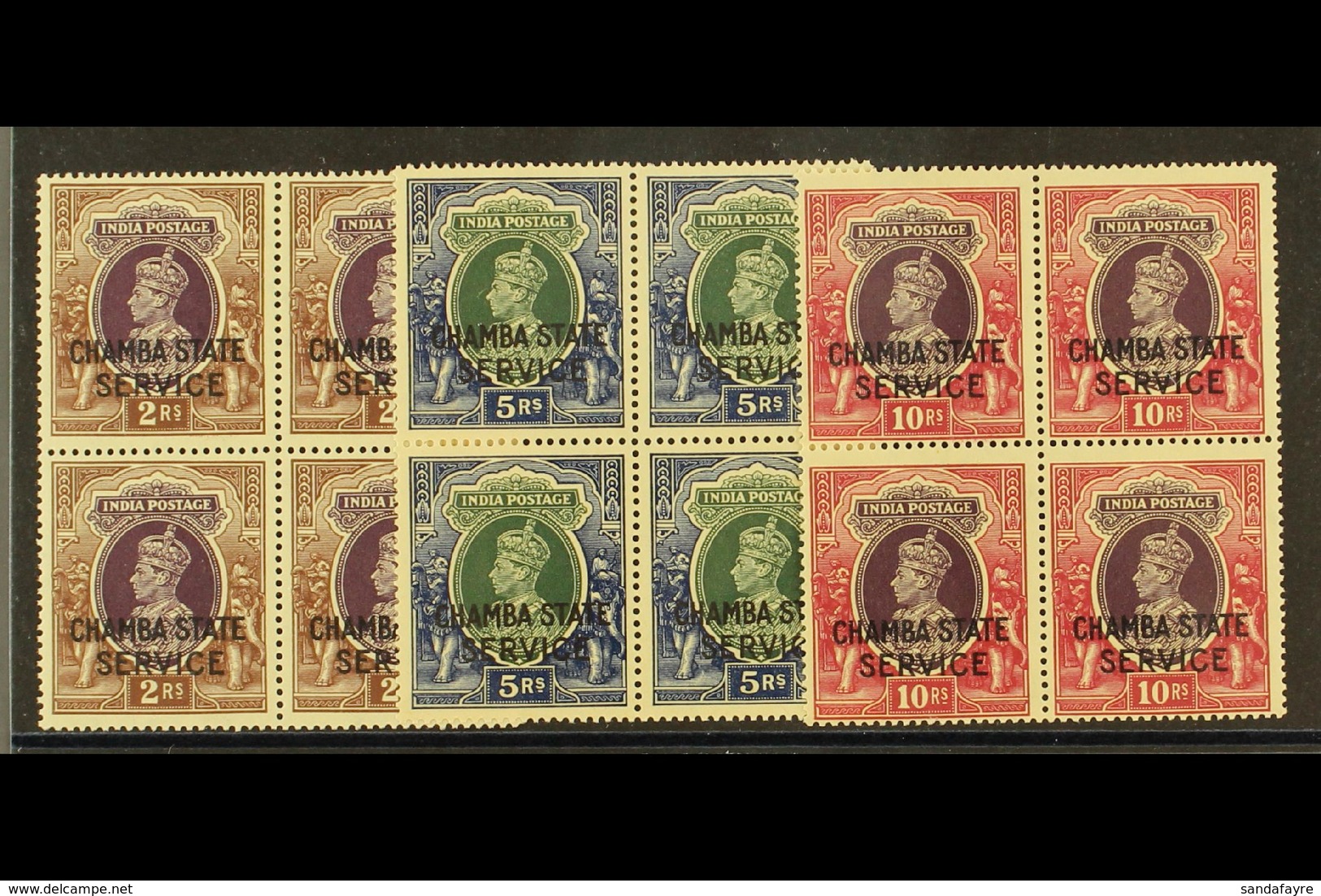 CHAMBA - OFFICIALS 1938 2r, 5r And 10r Geo VI Ovptd Chamba State Service, SG O69/71, In NHM Blocks Of 4. Lightly Toned G - Andere & Zonder Classificatie