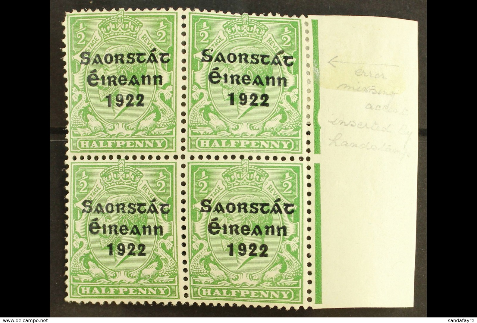 1922-23 SAORSTAT ½d Green, Right Marginal Block Of Four, One Showing Accent Inserted By Hand, SG 52b, Fresh Mint. For Mo - Andere & Zonder Classificatie