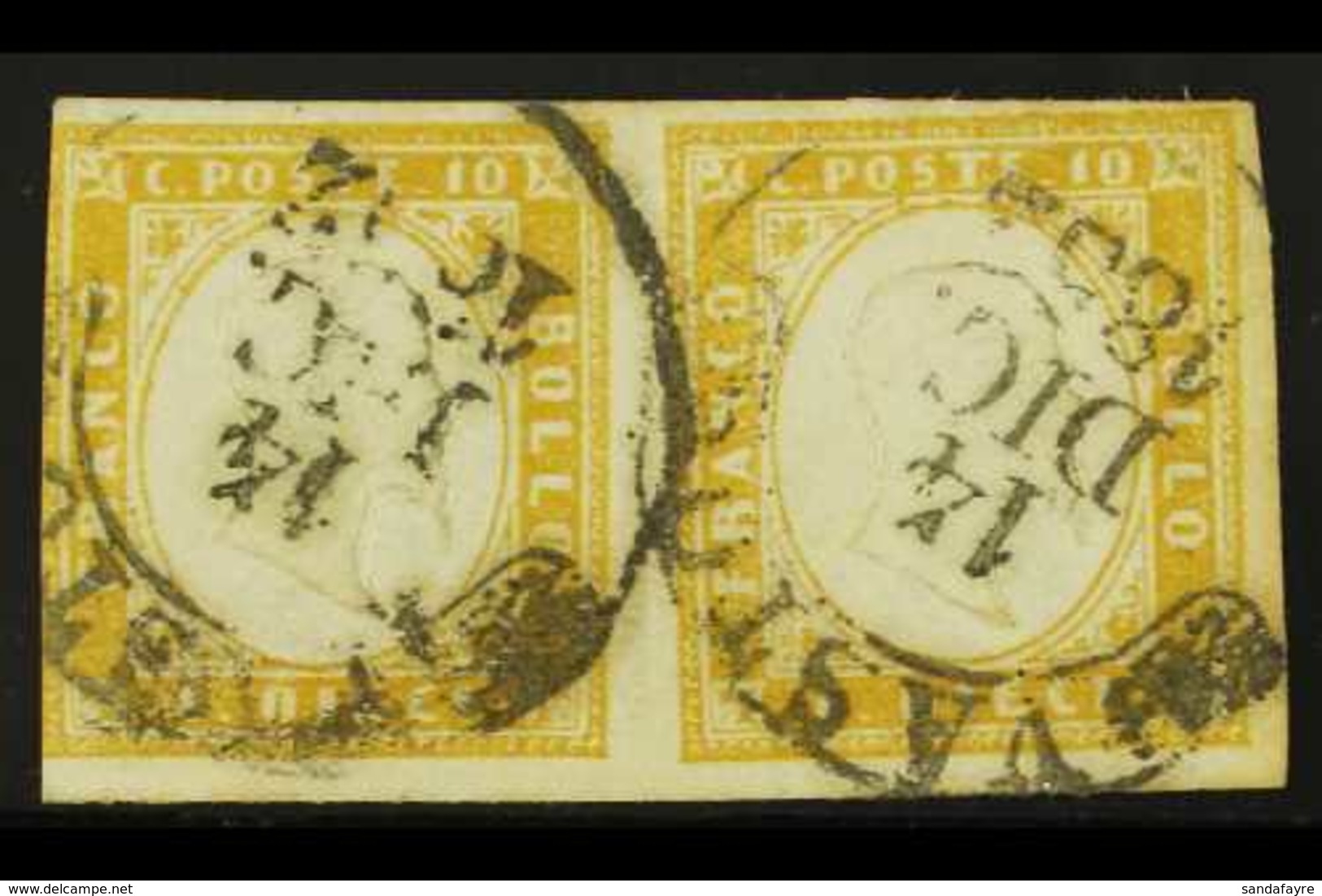 SARDINIA 1855-63 10c Giallo Olivastro (1862 Printing), Sassone 14Dc, Fine Used Horizontal PAIR With Nice Fully Dated "Va - Unclassified