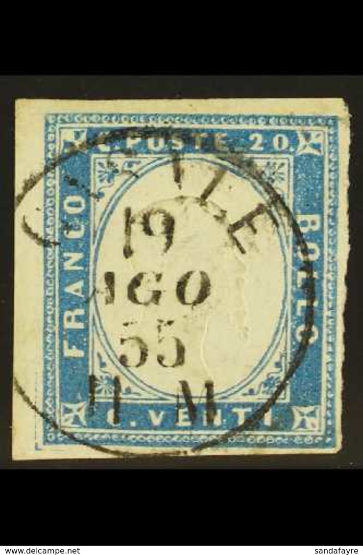 SARDINIA 1855 20c Cobalto-scuro, Sassone 15b, Very Fine Used With Nice Upright Almost Complete Fully Dated "CASALE 19 AG - Unclassified