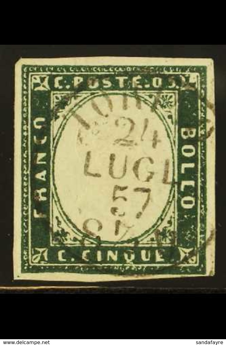 SARDINIA 1857 5c Deep Myrtle Green, Sass 13Ab, Superb Used With Full Dated Cds Cancel. Scarce And Highly Attractive. Cat - Unclassified