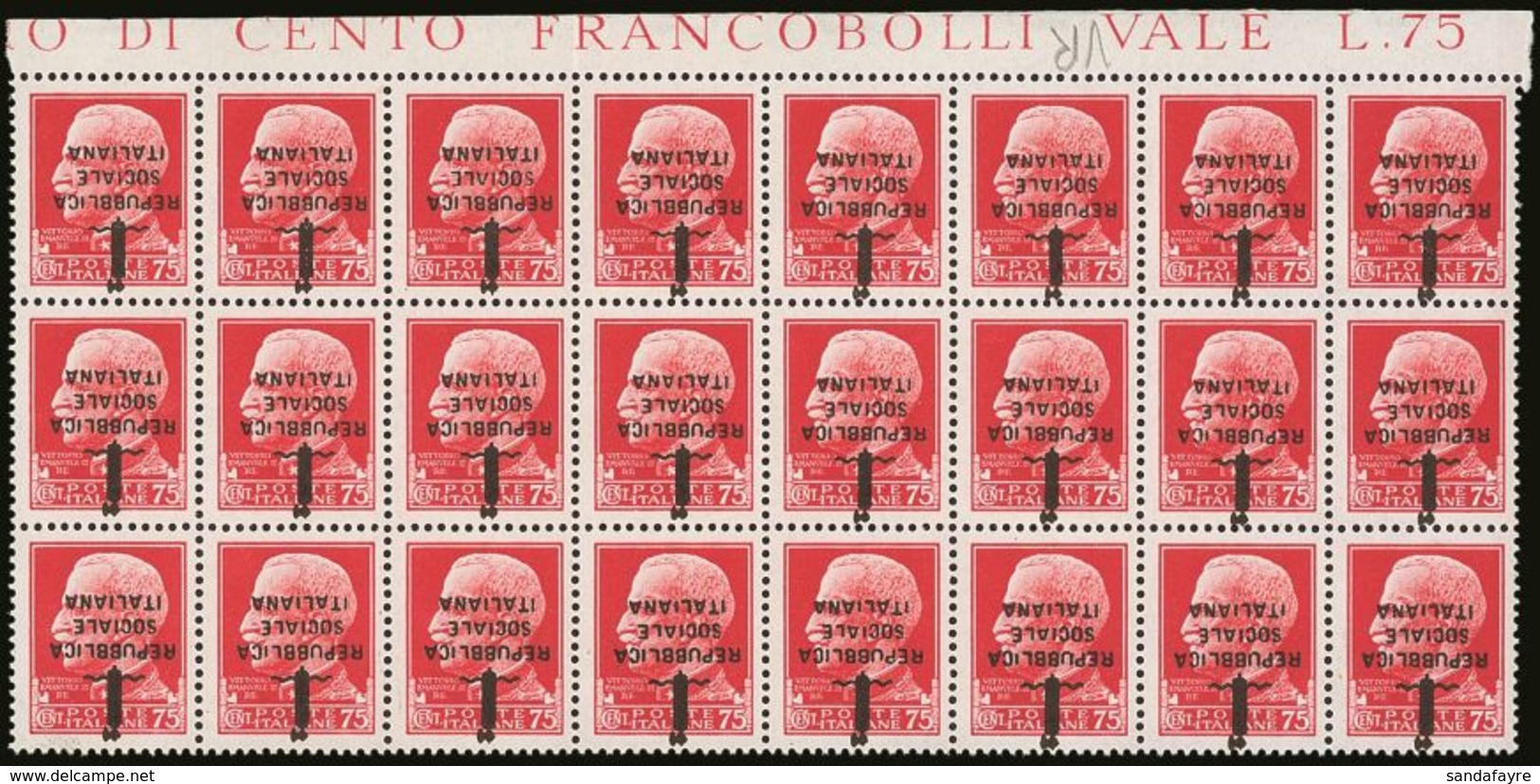 1944 75c Carmine Florence R.S.I. Overprint, Spectacular Block Of 24 From The Top Of The Sheet With INVERTED OVERPRINT, S - Unclassified