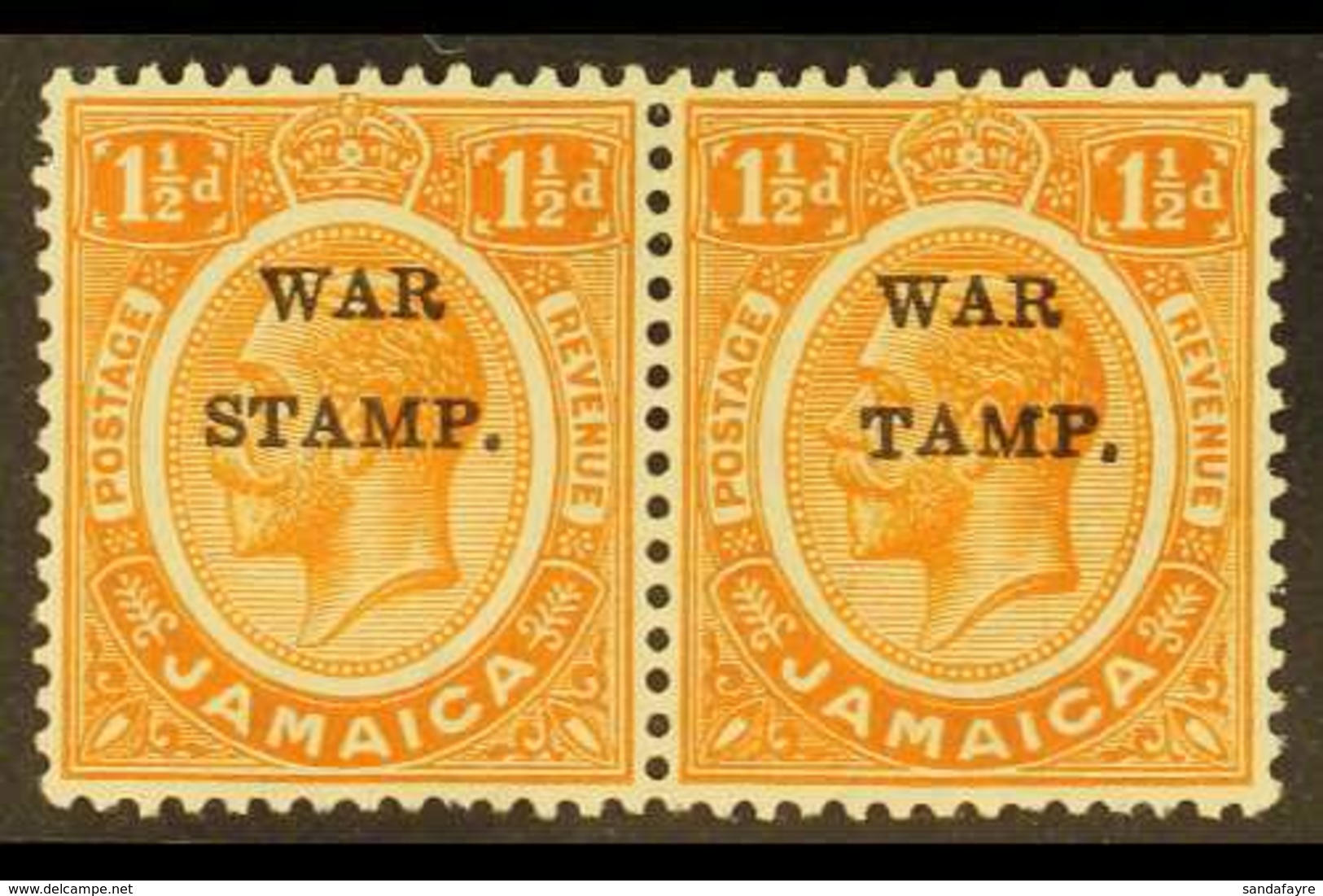 1916 1½d Orange Ovptd "War Stamp", Horizontal Pair, R/h Stamp Showing The Variety "S In Stamp Omitted", SG 71/71b, Super - Jamaica (...-1961)