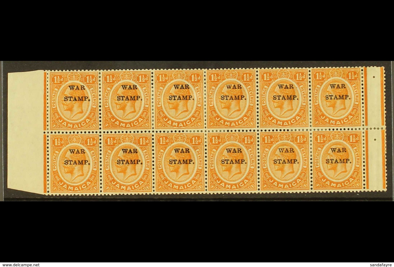 1916 1½d Orange Overprinted "War Stamp", Marginal Interpannau Block Of 12, Variety "watermark Inverted", SG 71w, Fine Mi - Jamaica (...-1961)