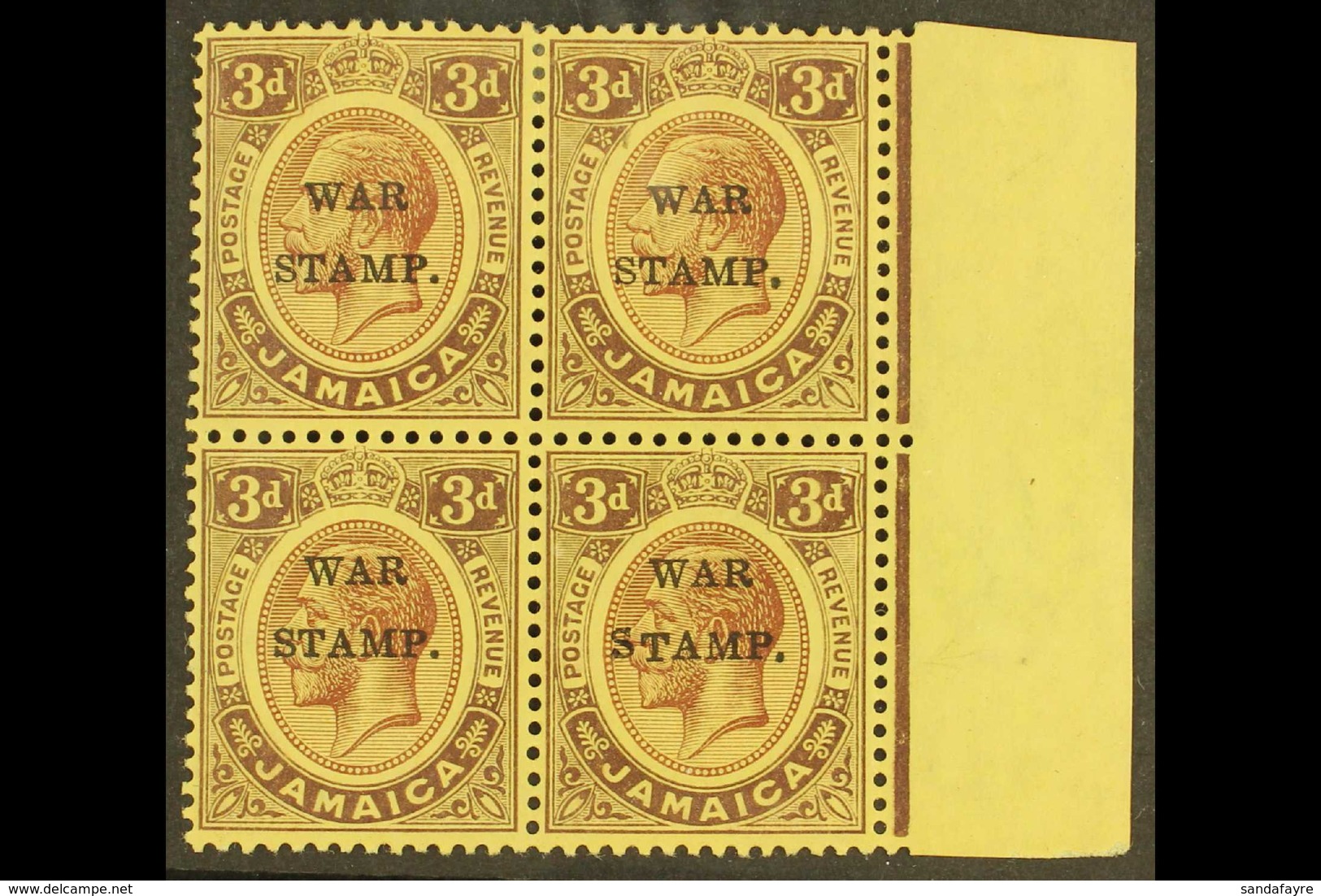 1916 3d Purple On Lemon Ovptd "War Stamp", Marginal Mint Block Of 4 One Showing Variety "S Inserted By Hand", SG 72/72c. - Jamaica (...-1961)