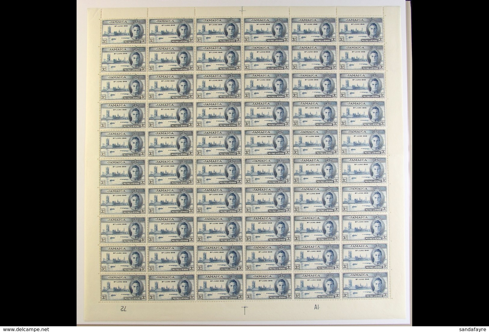 1946 3d Blue Victory Perf 13½x14, SG 142, Never Hinged Mint Plate A1 COMPLETE SHEET Of 60 With Varieties On Positions R. - Jamaica (...-1961)