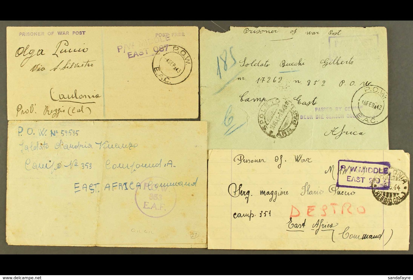 1942-1944 ITALIAN POW's MAIL. An Interesting Group Of Censored Stampless Mostly Home-made Covers Addressed From/to Itali - Vide