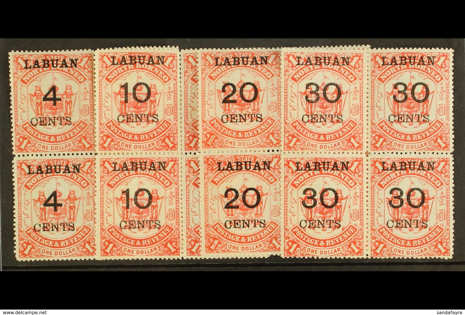 1895 4c, 10c, 20c And 30c On $1 Scarlet,  SG 75/78, Lovely Mint Blocks Of Four, Two In Each Nhm. (16 Stamps) For More Im - North Borneo (...-1963)