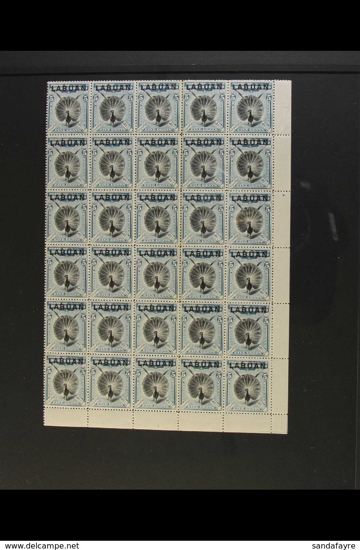 1900-02 RARE QUARTER SHEET Of The 5c Black And Pale Blue Pheasant, SG 114, A Superb NEVER HINGED MINT Sheet Of Thirty (5 - Noord Borneo (...-1963)