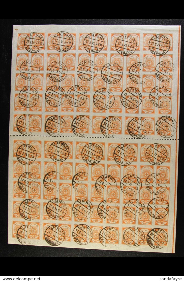 1919 20k Orange Imperf On Thin Paper (Michel 10 B/C, SG 10A), Fine Cds Used COMPLETE SHEET Of 100 Perforated Between Upp - Lettland