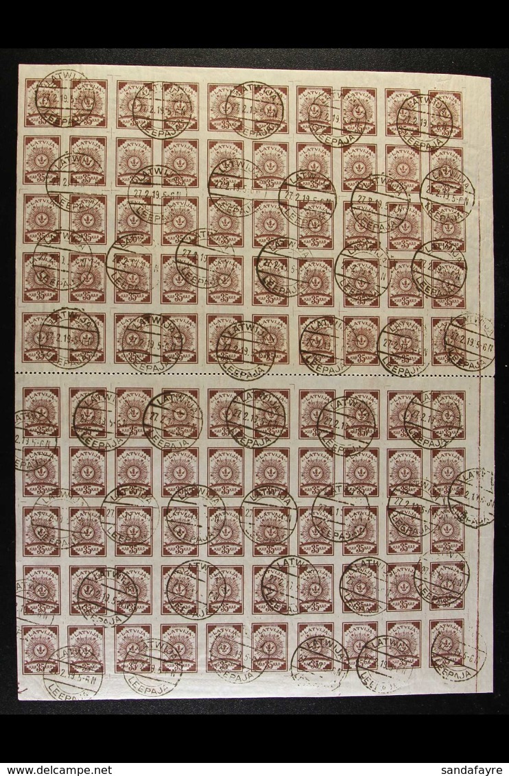 1919 35k Brown Imperf On Thin Paper (Michel 12 B/C, SG 12A), Fine Cds Used COMPLETE SHEET Of 100 Perforated Between Uppe - Lettonie